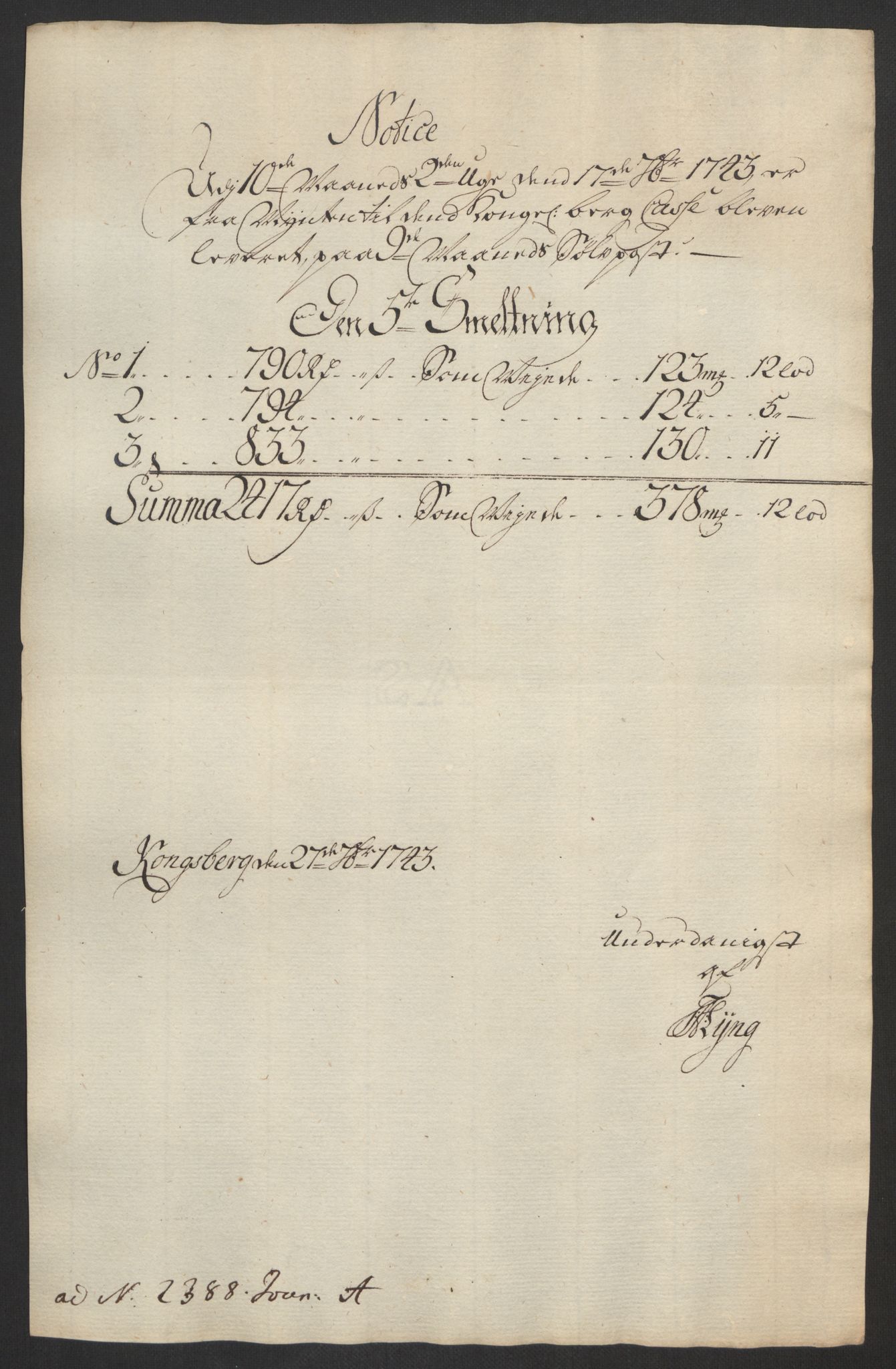 Rentekammeret inntil 1814, Realistisk ordnet avdeling, AV/RA-EA-4070/Oa/L0014: [Y17]: Forskjellige dokumenter om Kongsbergs mynt, 1723-1765, p. 155