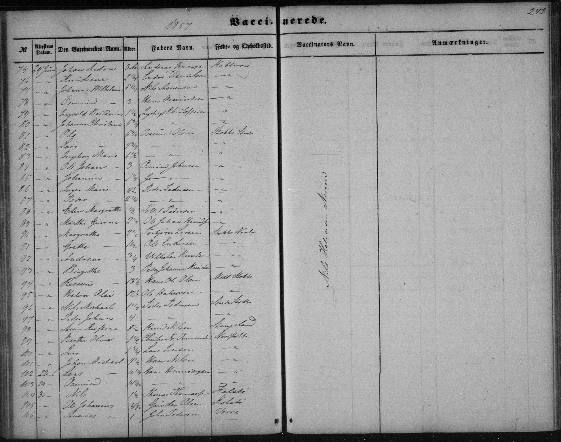 Avaldsnes sokneprestkontor, AV/SAST-A -101851/H/Ha/Haa/L0009: Parish register (official) no. A 9, 1853-1865, p. 243