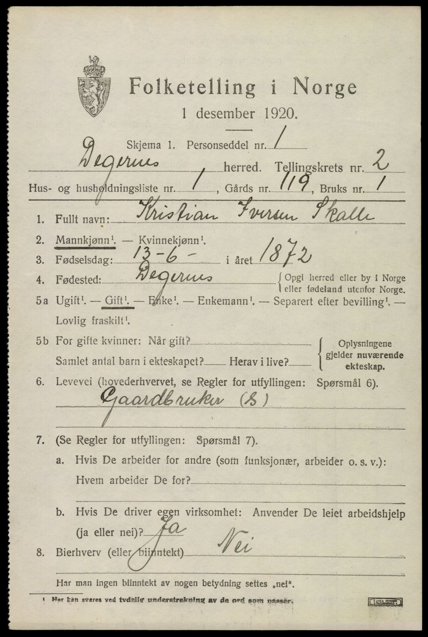 SAO, 1920 census for Degernes, 1920, p. 1526