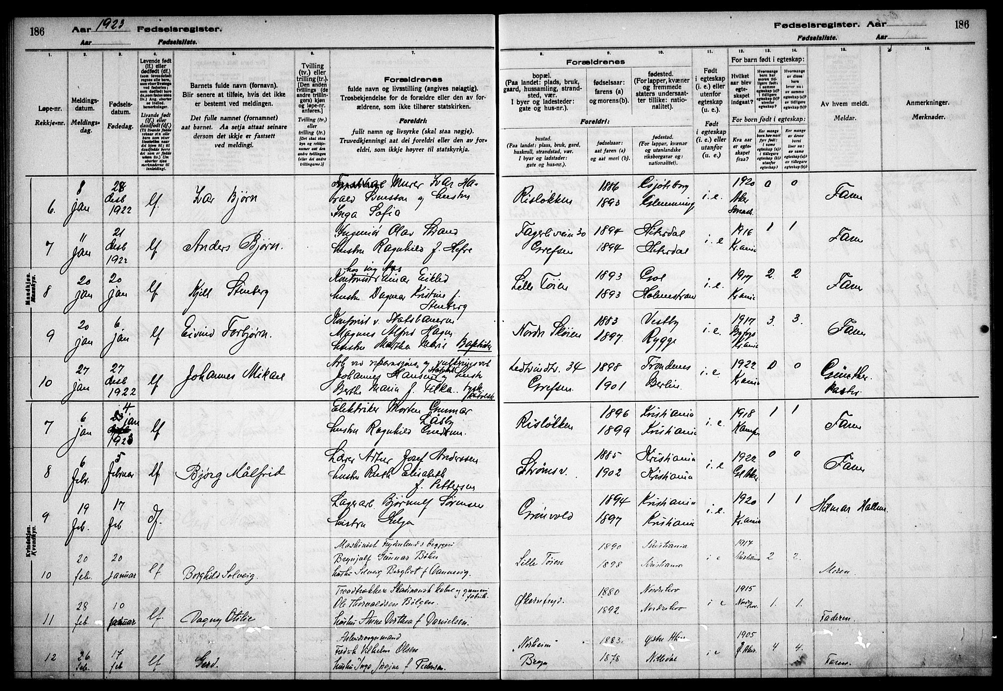 Østre Aker prestekontor Kirkebøker, AV/SAO-A-10840/J/Ja/L0001: Birth register no. I 1, 1916-1923, p. 186