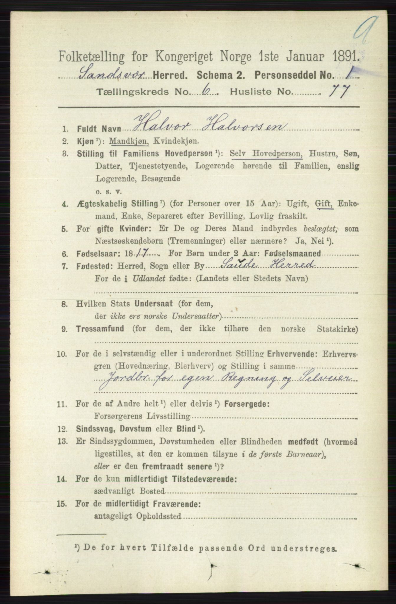 RA, 1891 census for 0629 Sandsvær, 1891, p. 3889
