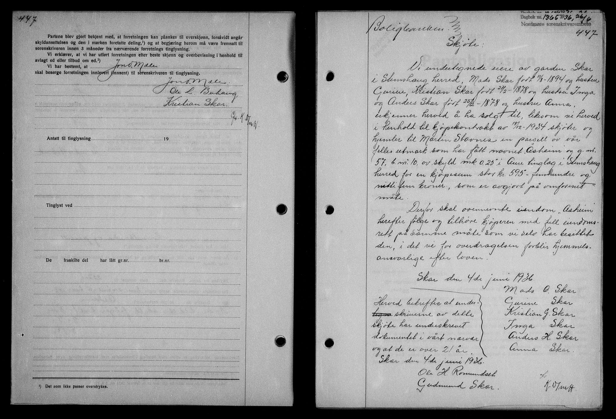 Nordmøre sorenskriveri, AV/SAT-A-4132/1/2/2Ca/L0088: Mortgage book no. 78, 1936-1936, Diary no: : 1366/1936