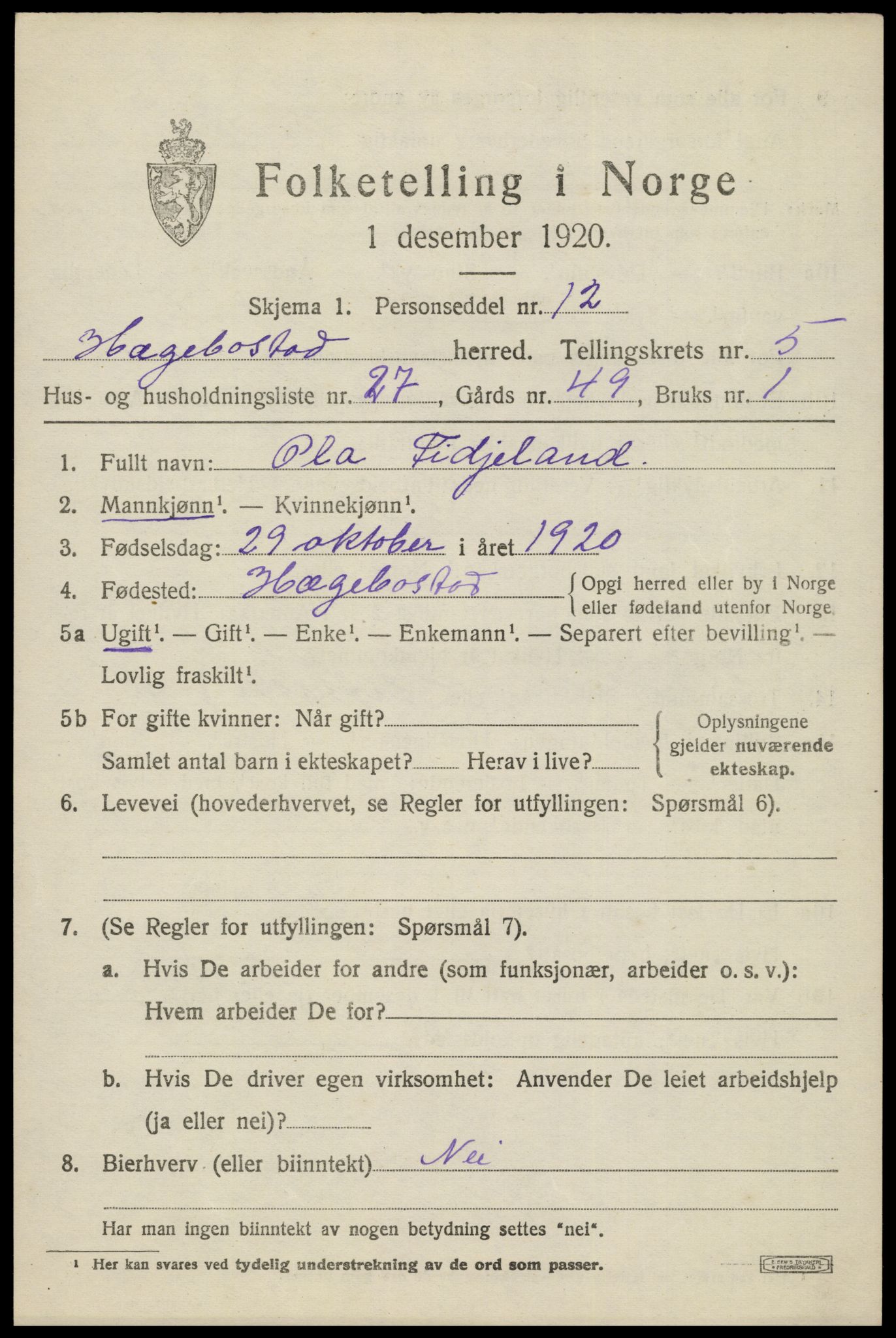 SAK, 1920 census for Hægebostad, 1920, p. 2003