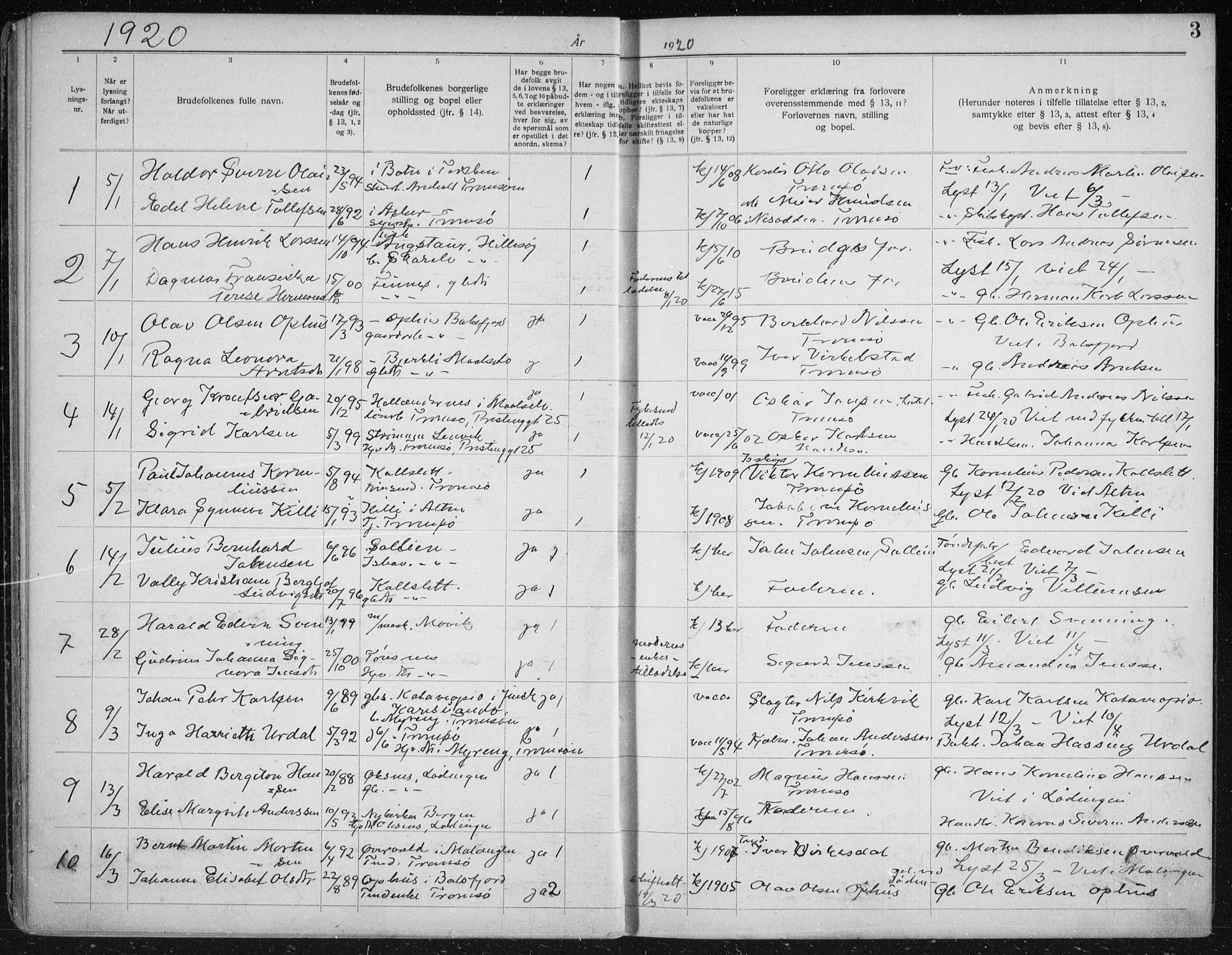 Tromsøysund sokneprestkontor, AV/SATØ-S-1304/H/Hc/L0059: Banns register no. 59, 1919-1937, p. 3