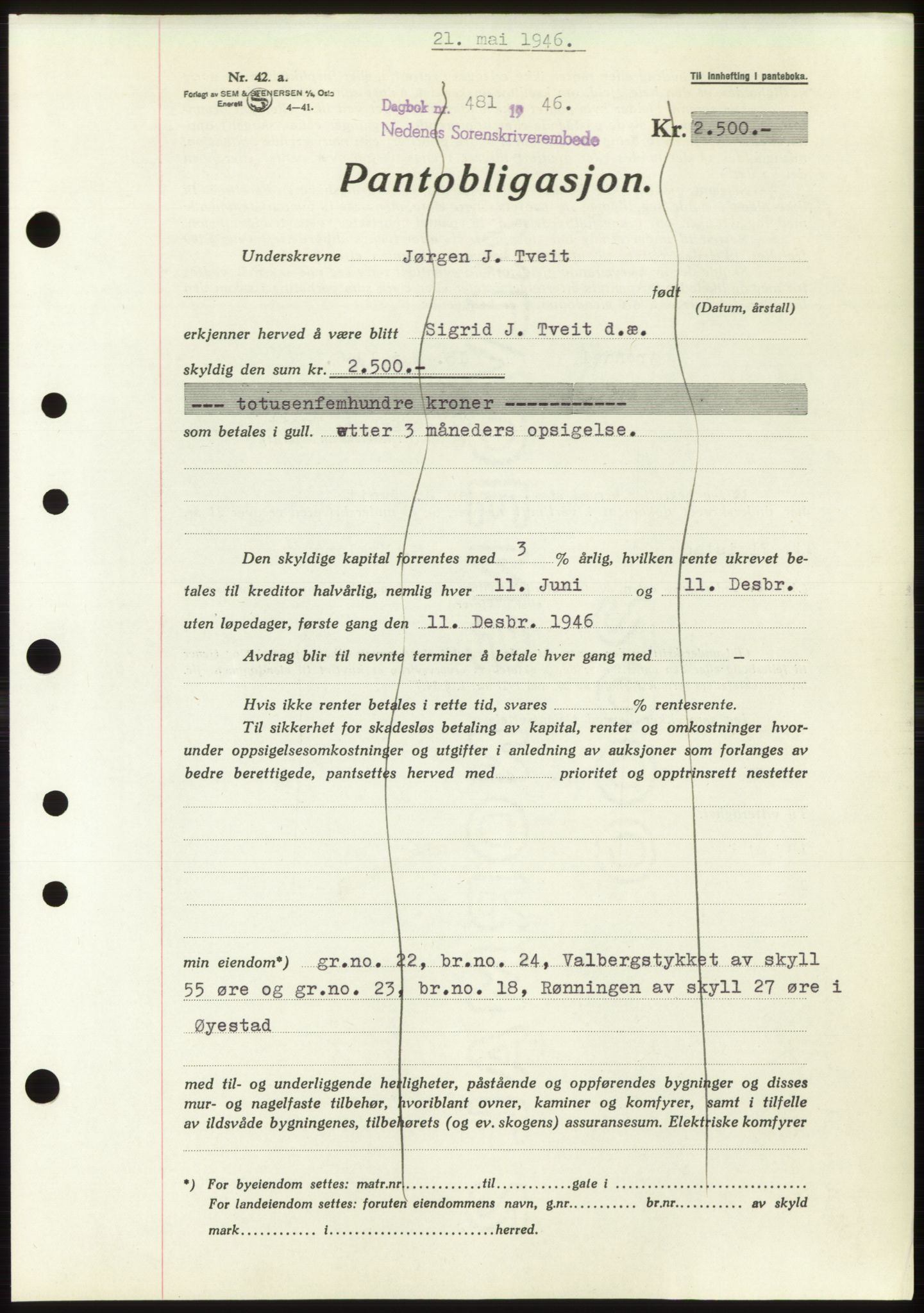 Nedenes sorenskriveri, SAK/1221-0006/G/Gb/Gbb/L0003: Mortgage book no. B3b, 1946-1946, Diary no: : 481/1946