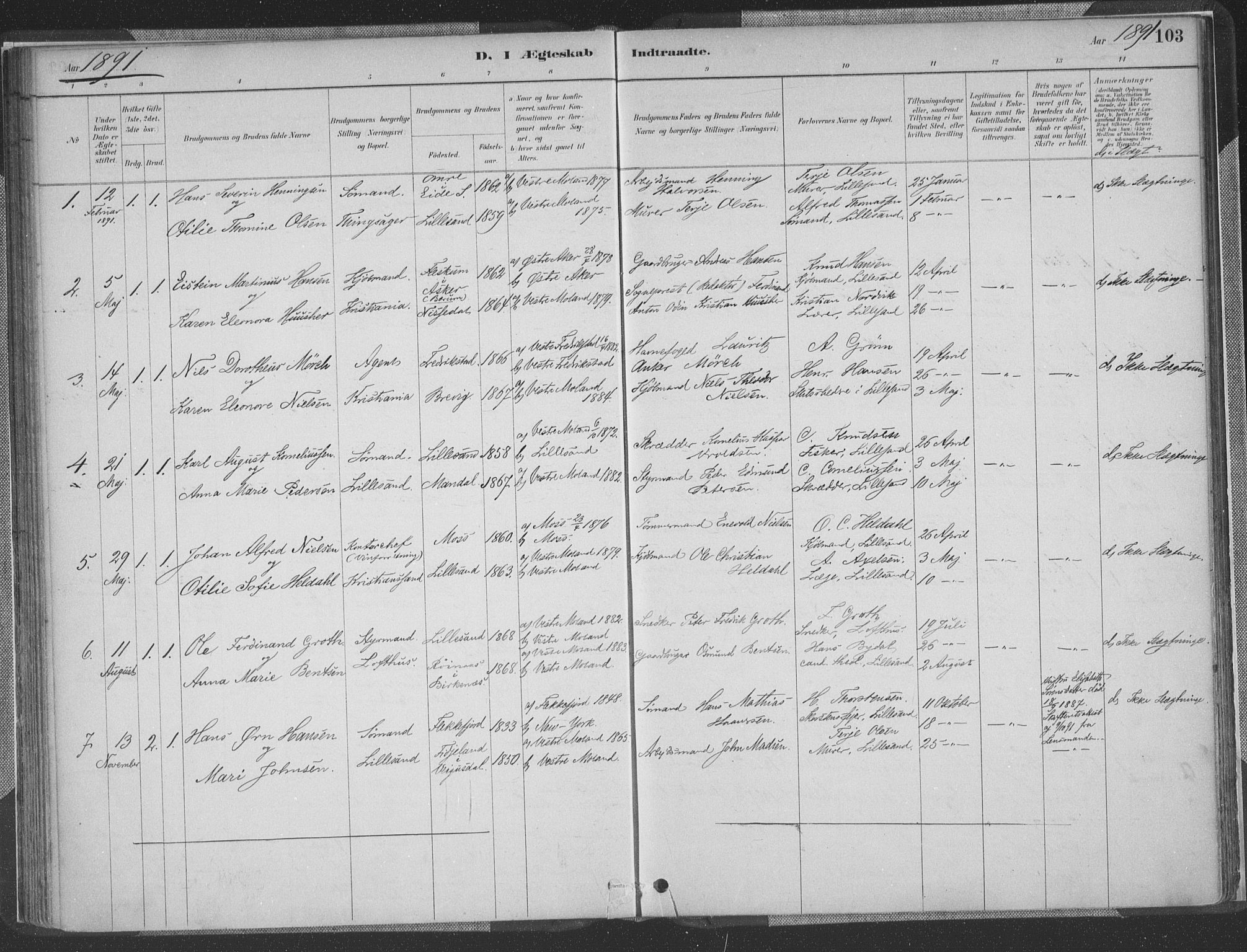 Vestre Moland sokneprestkontor, SAK/1111-0046/F/Fa/Faa/L0001: Parish register (official) no. A 1, 1884-1899, p. 103