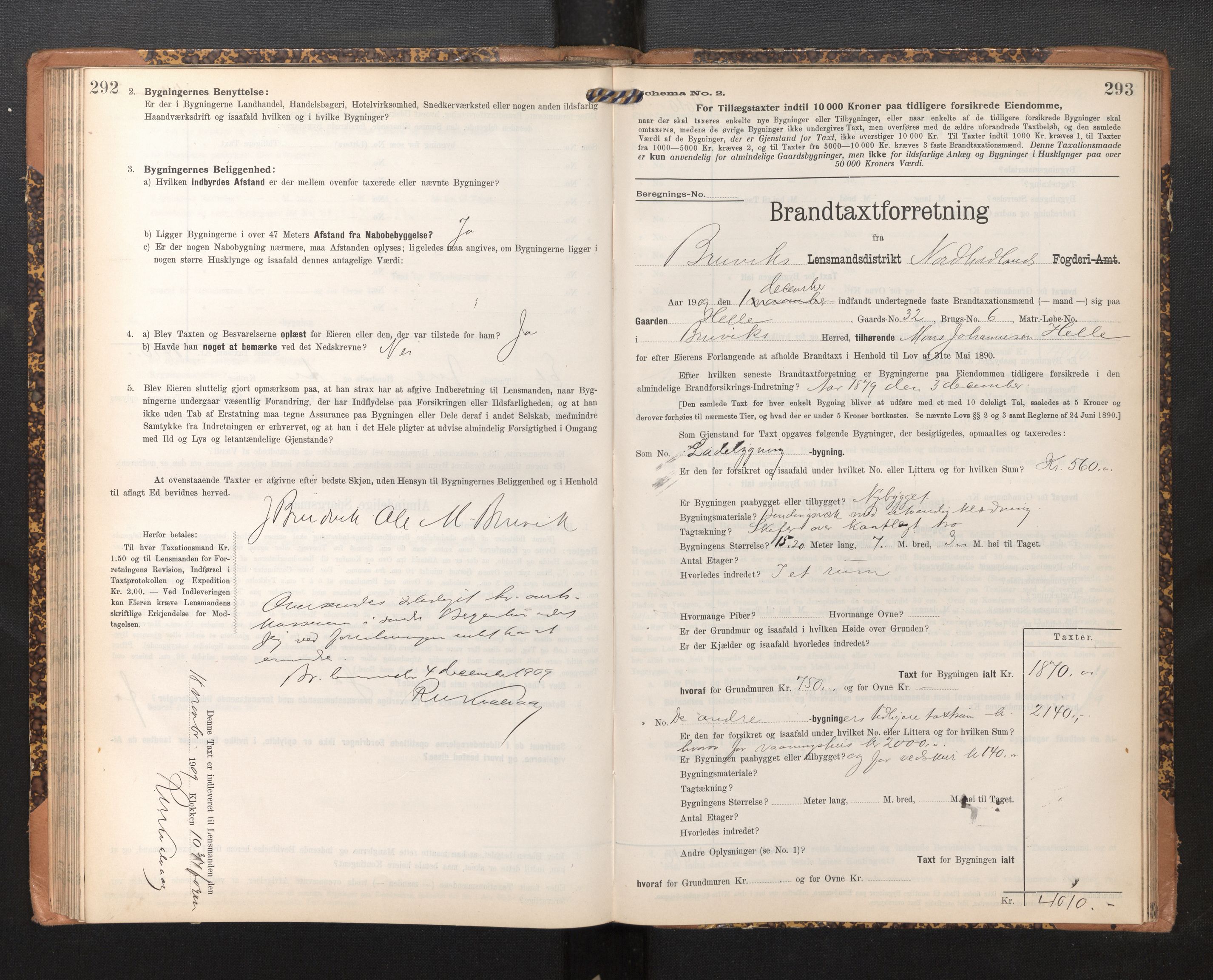 Lensmannen i Bruvik, SAB/A-31301/0012/L0007: Branntakstprotokoll, skjematakst, 1906-1918, p. 292-293