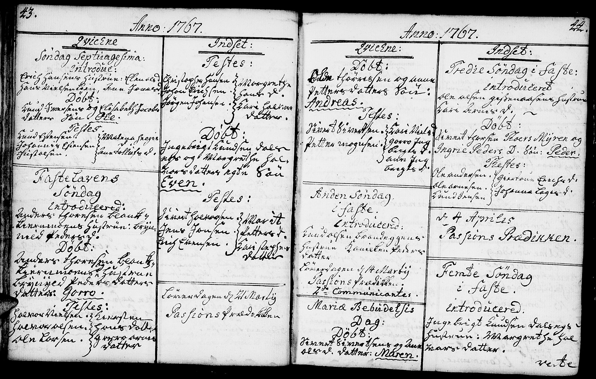 Kvikne prestekontor, SAH/PREST-064/H/Ha/Haa/L0002: Parish register (official) no. 2, 1764-1784, p. 43-44