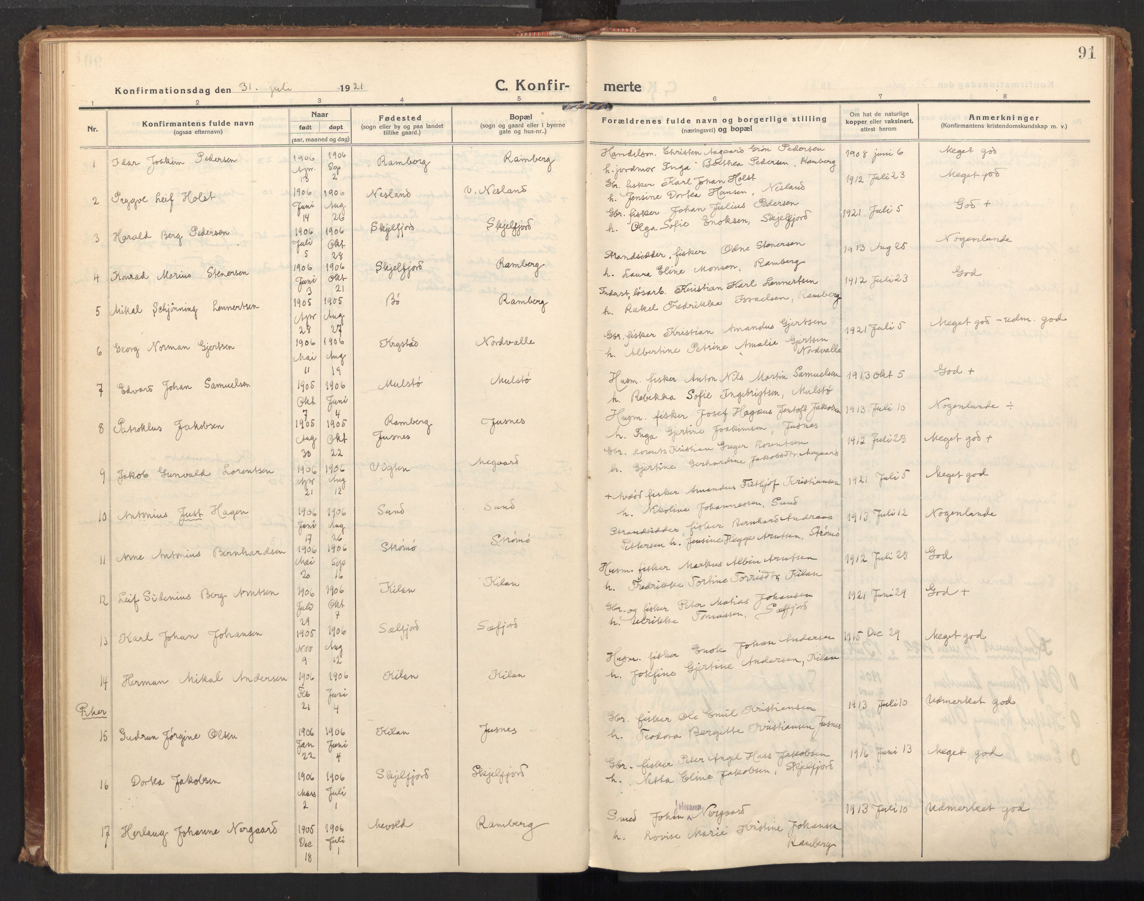 Ministerialprotokoller, klokkerbøker og fødselsregistre - Nordland, SAT/A-1459/885/L1210: Parish register (official) no. 885A10, 1916-1926, p. 91