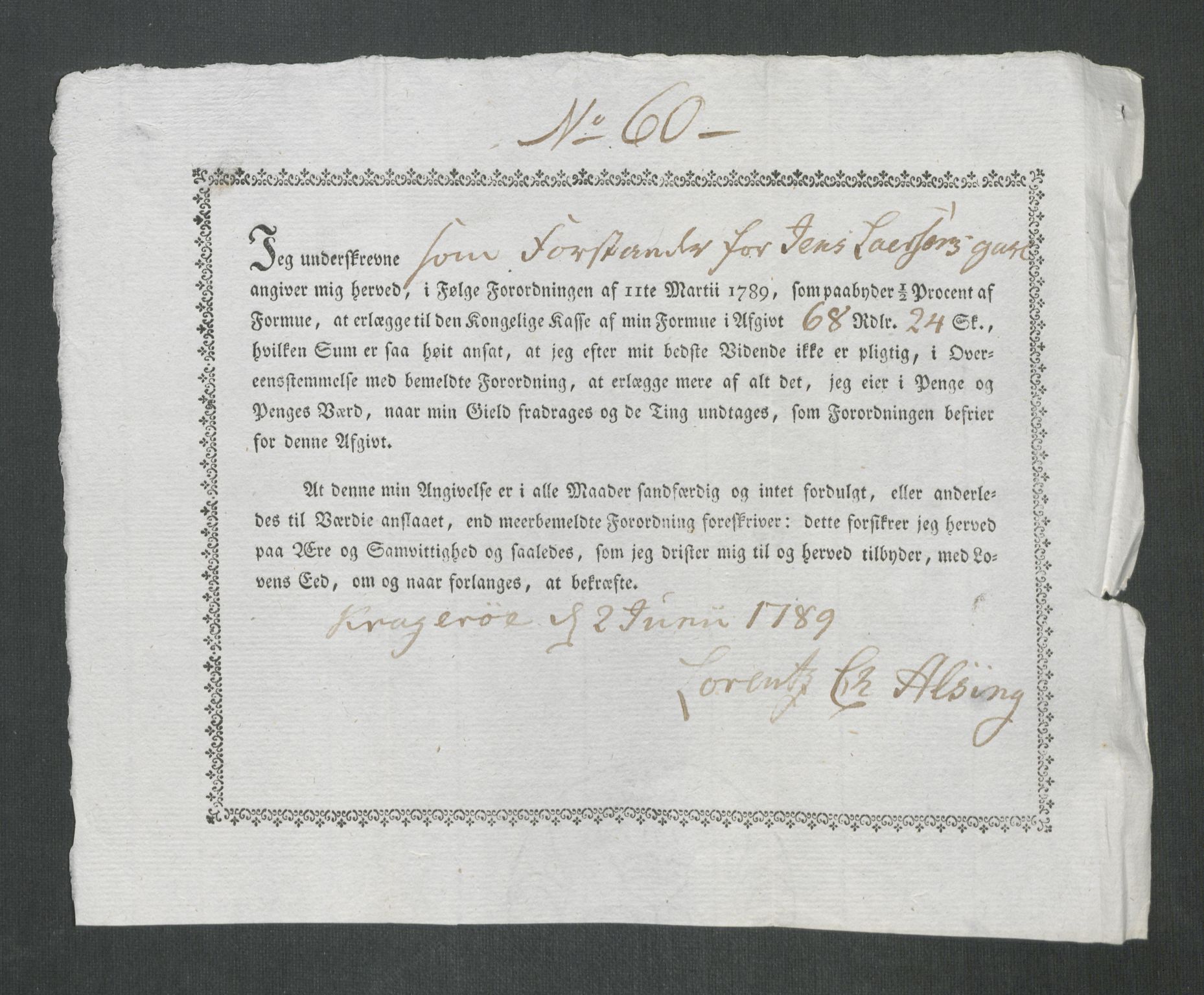 Rentekammeret inntil 1814, Reviderte regnskaper, Mindre regnskaper, AV/RA-EA-4068/Rf/Rfe/L0020: Kongsberg, Kragerø, Larvik, 1789, p. 266