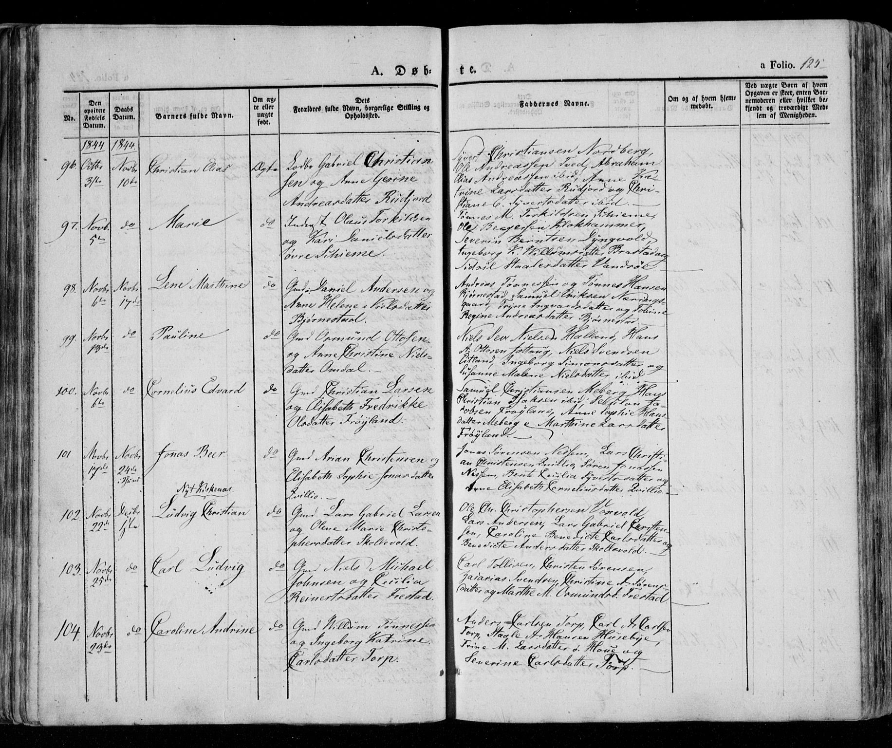 Lista sokneprestkontor, AV/SAK-1111-0027/F/Fa/L0009: Parish register (official) no. A 9, 1835-1846, p. 125