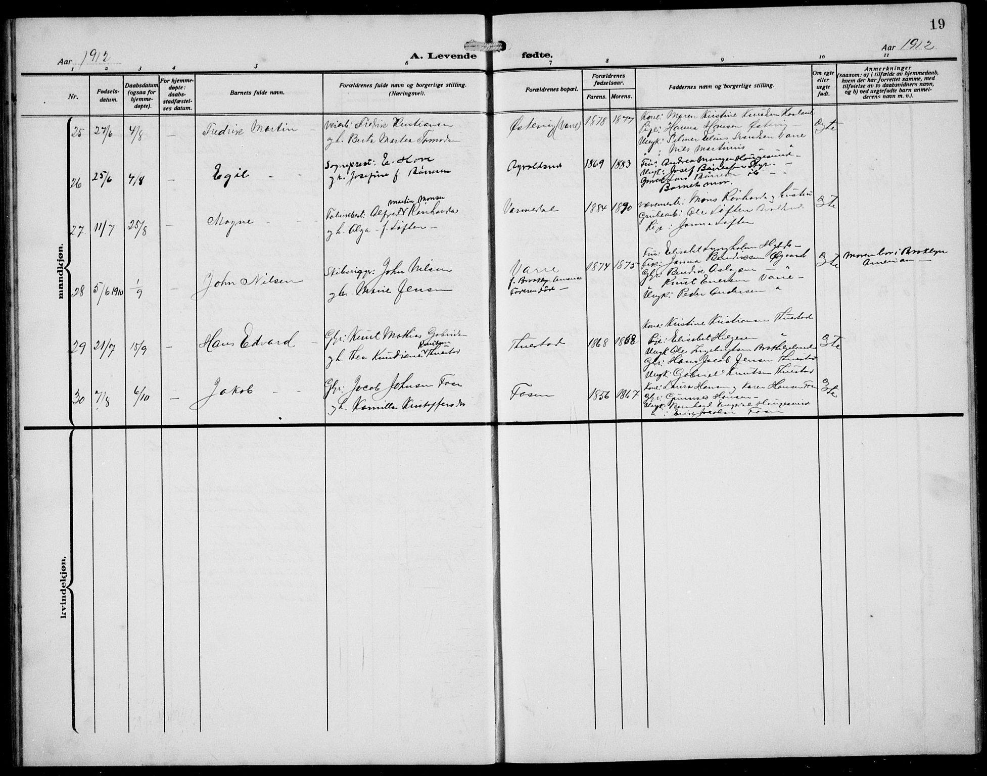 Avaldsnes sokneprestkontor, AV/SAST-A -101851/H/Ha/Hab/L0008: Parish register (copy) no. B 8, 1910-1939, p. 19