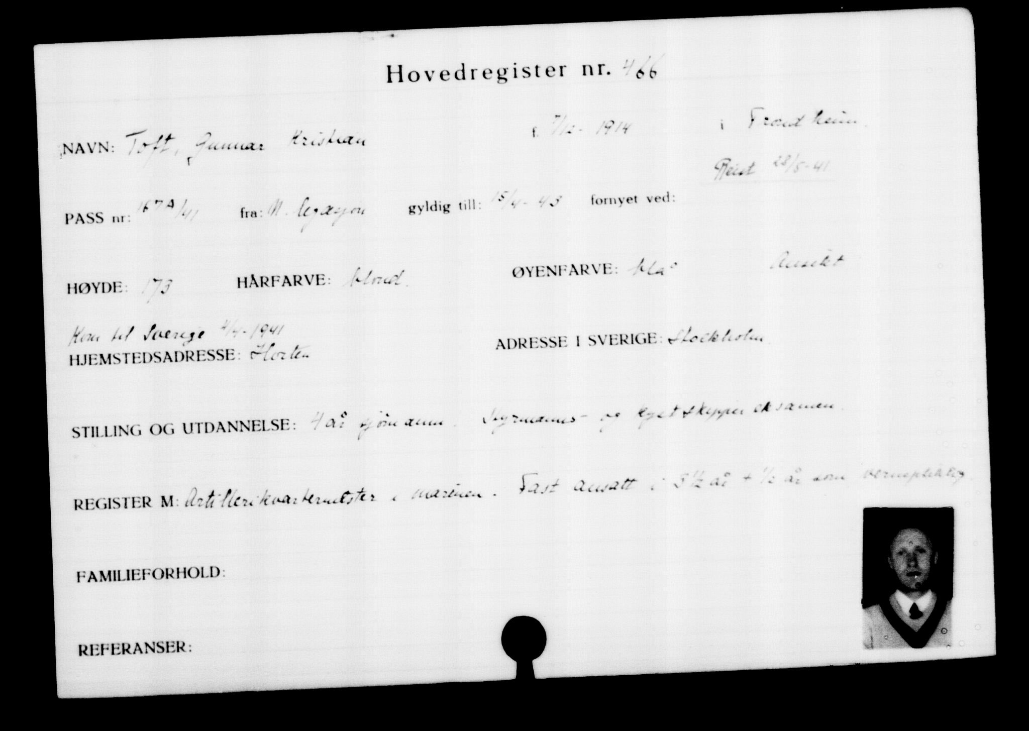 Den Kgl. Norske Legasjons Flyktningskontor, RA/S-6753/V/Va/L0001: Kjesäterkartoteket. Flyktningenr. 1-1000, 1940-1945, p. 724