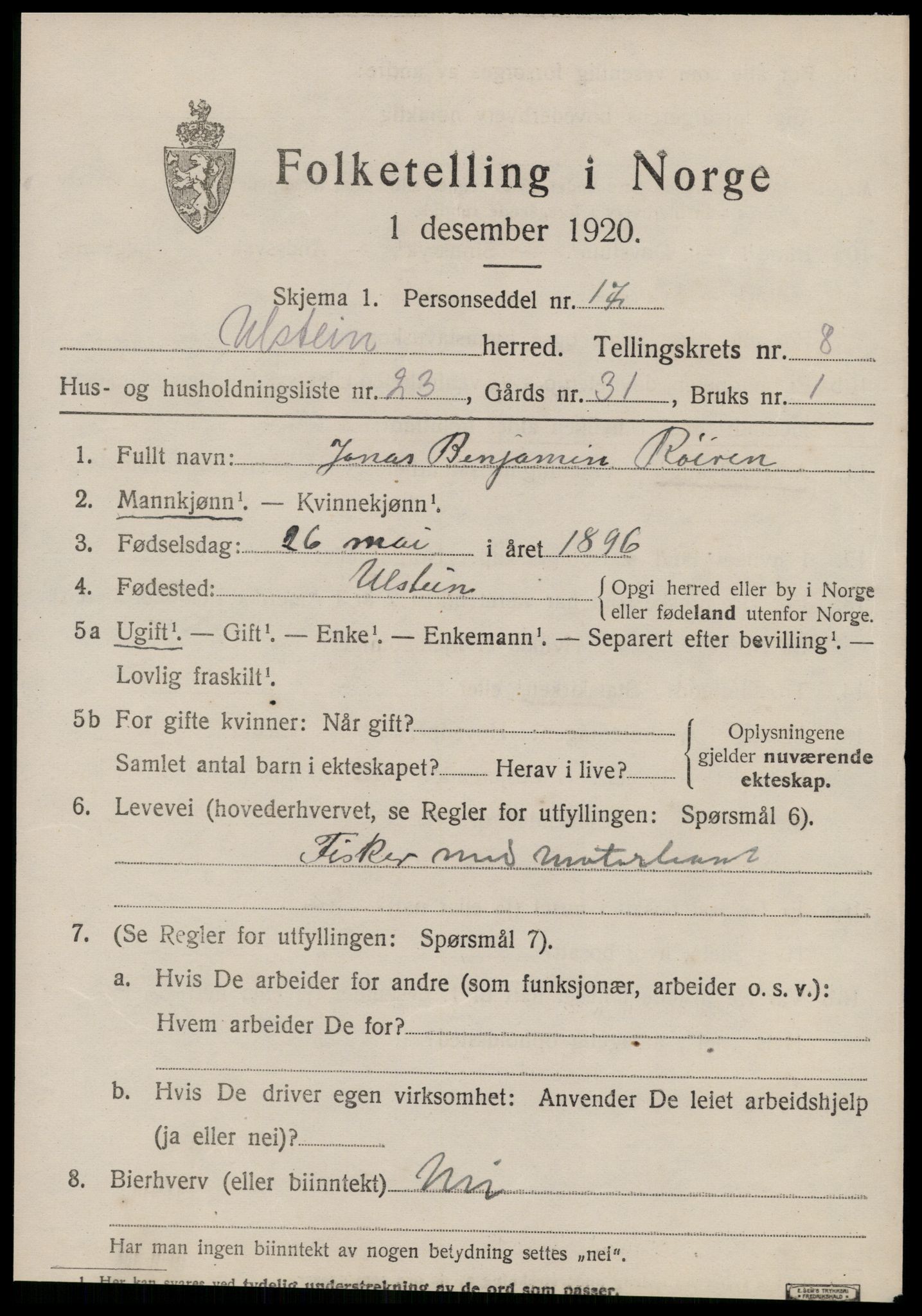 SAT, 1920 census for Ulstein, 1920, p. 4984