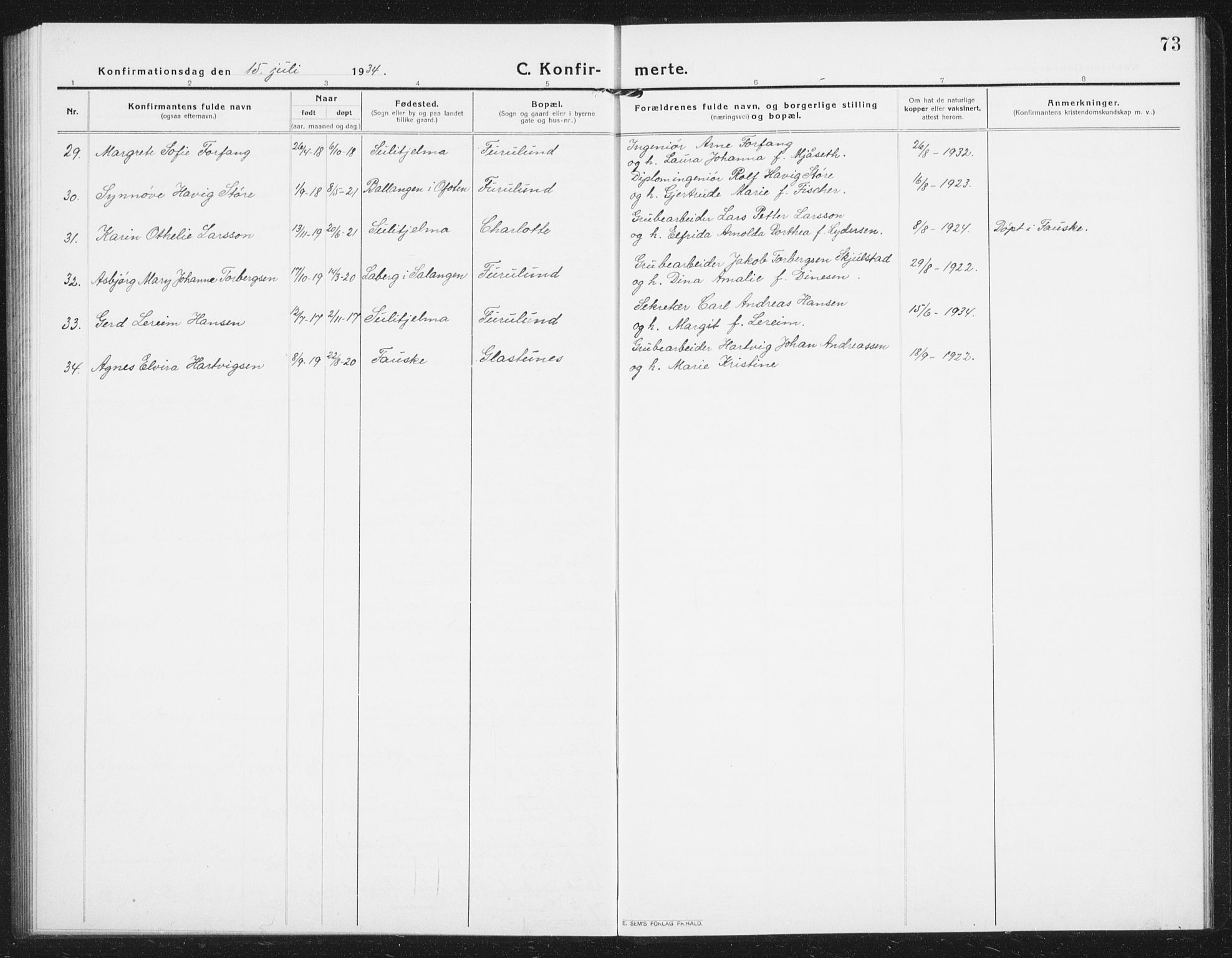 Ministerialprotokoller, klokkerbøker og fødselsregistre - Nordland, AV/SAT-A-1459/850/L0717: Parish register (copy) no. 850C01, 1915-1941, p. 73