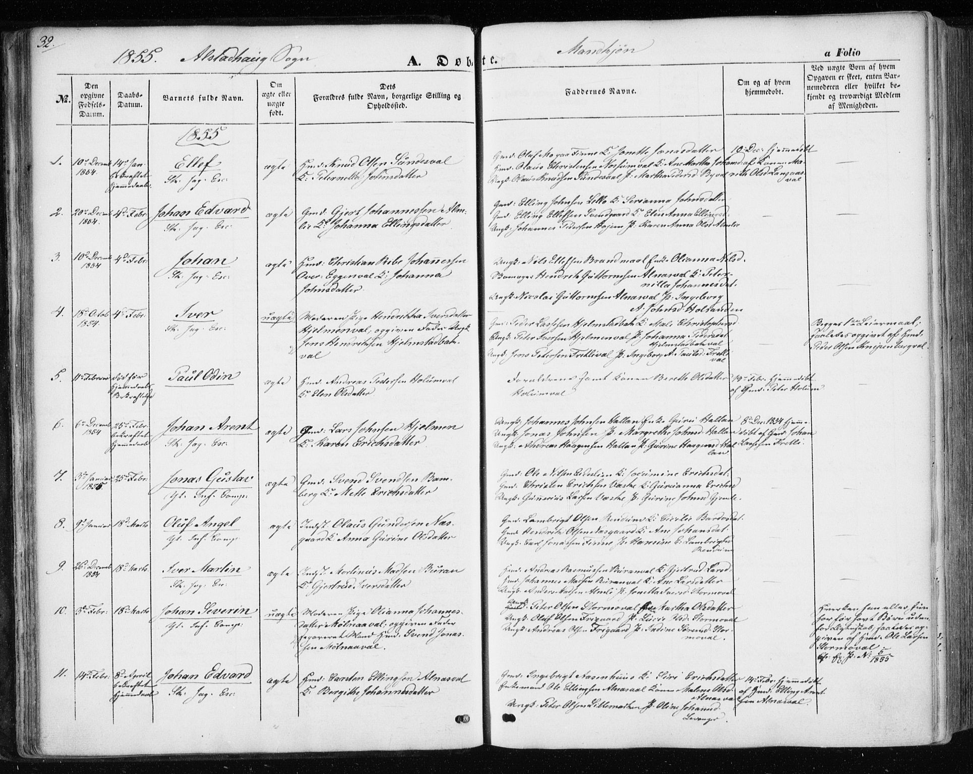 Ministerialprotokoller, klokkerbøker og fødselsregistre - Nord-Trøndelag, SAT/A-1458/717/L0154: Parish register (official) no. 717A07 /1, 1850-1862, p. 32