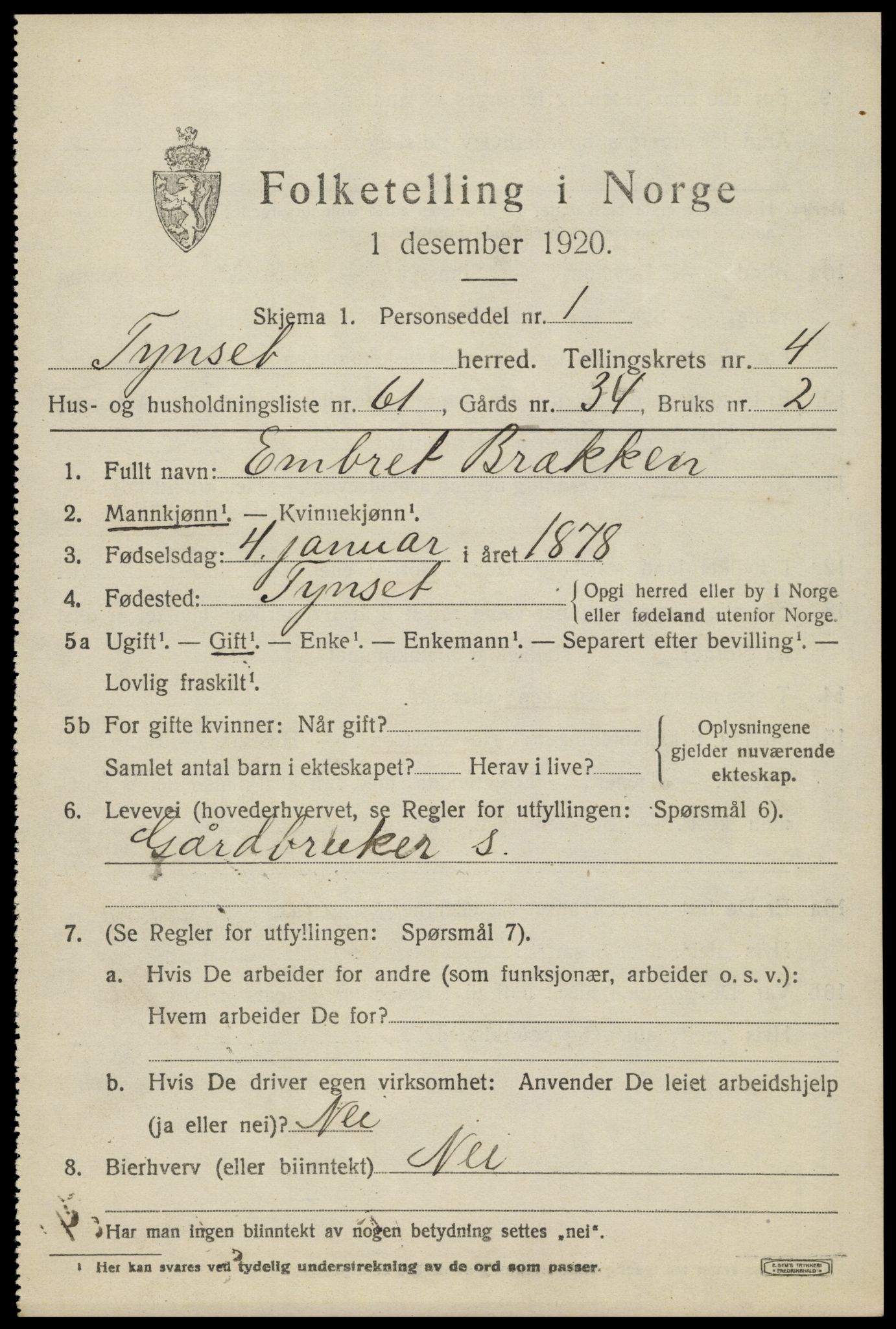 SAH, 1920 census for Tynset, 1920, p. 3966