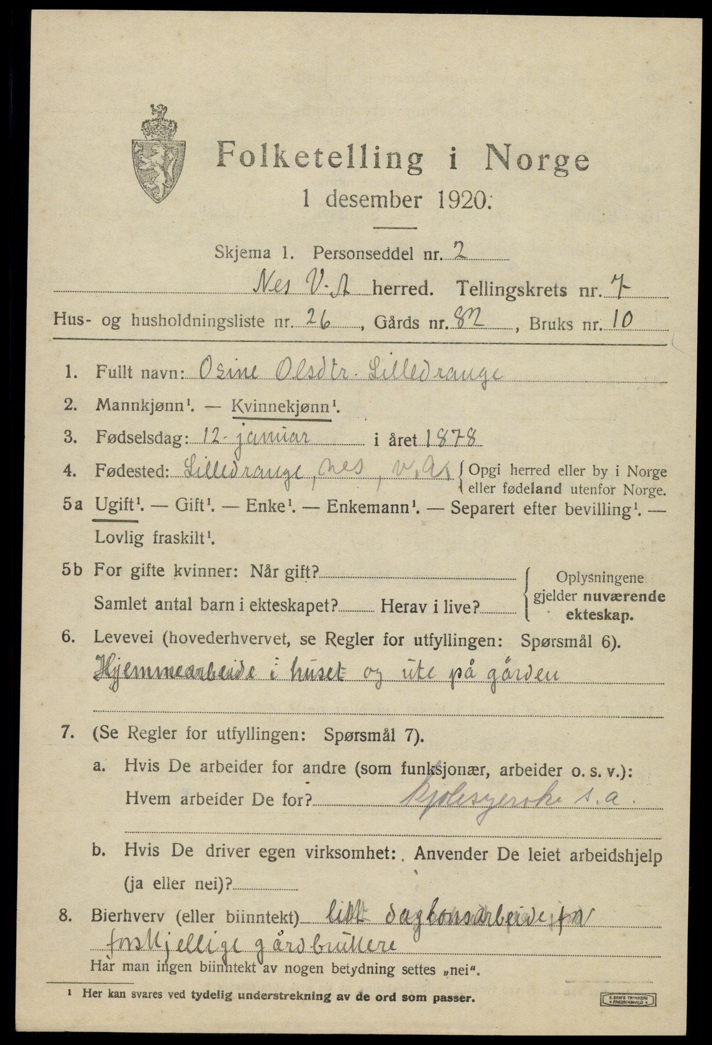 SAK, 1920 census for Nes (V-A), 1920, p. 3574