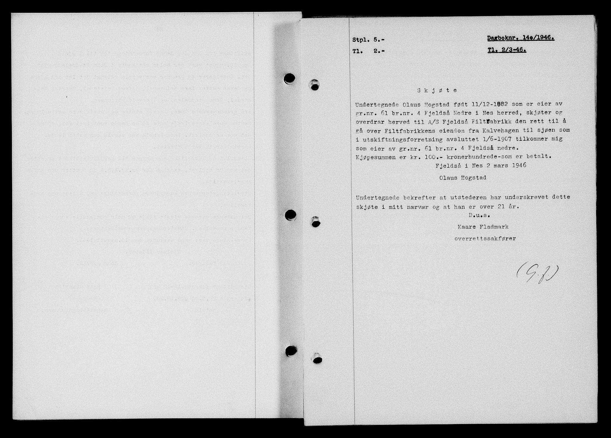 Flekkefjord sorenskriveri, SAK/1221-0001/G/Gb/Gba/L0060: Mortgage book no. A-8, 1945-1946, Diary no: : 140/1946