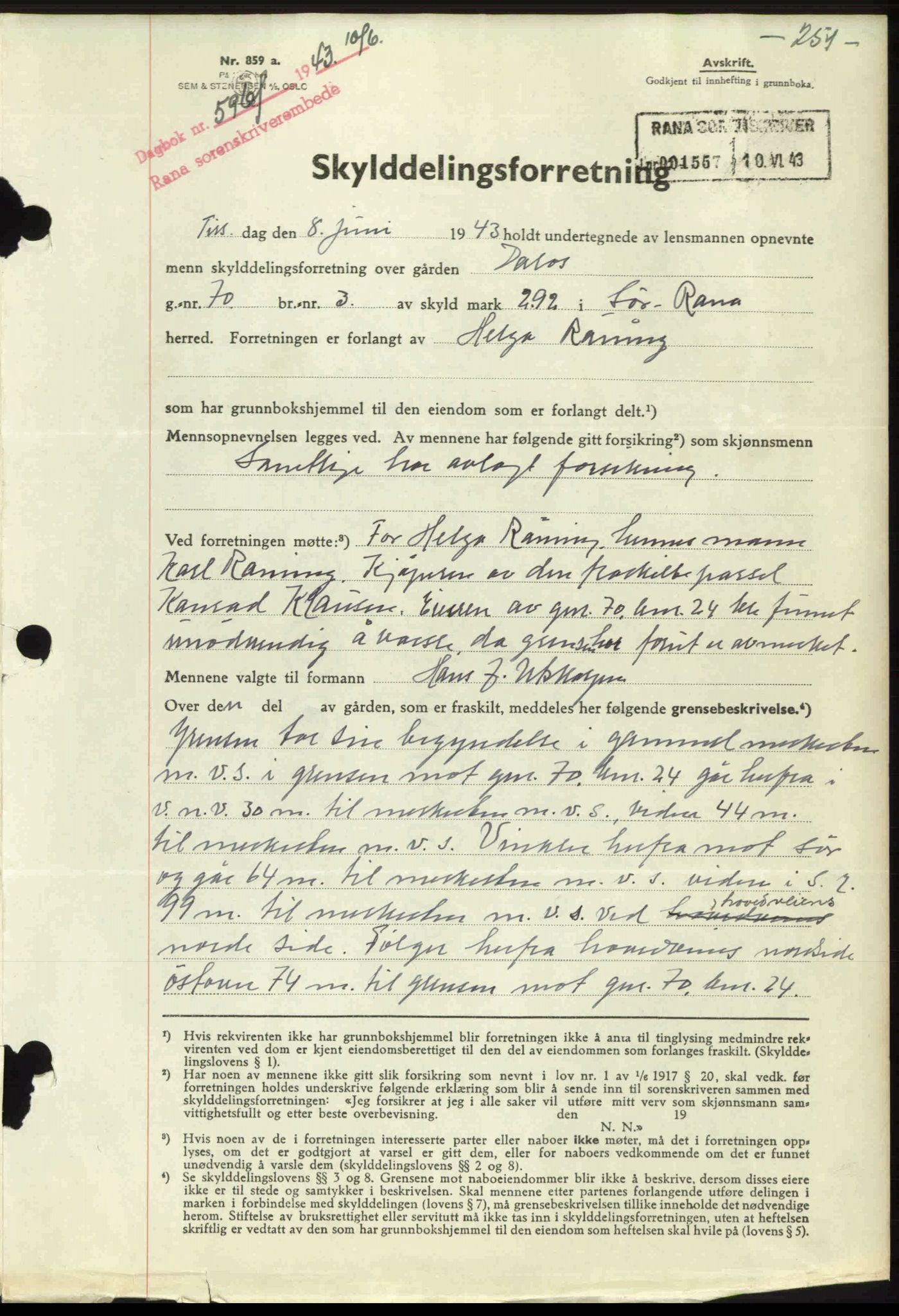 Rana sorenskriveri , SAT/A-1108/1/2/2C: Mortgage book no. A 10, 1942-1943, Diary no: : 596/1943