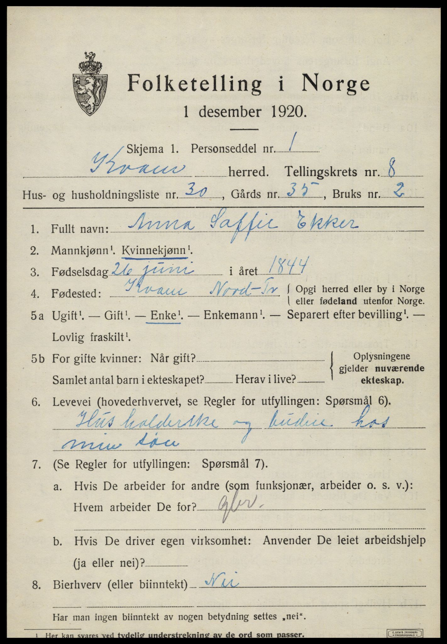 SAT, 1920 census for Kvam, 1920, p. 2323