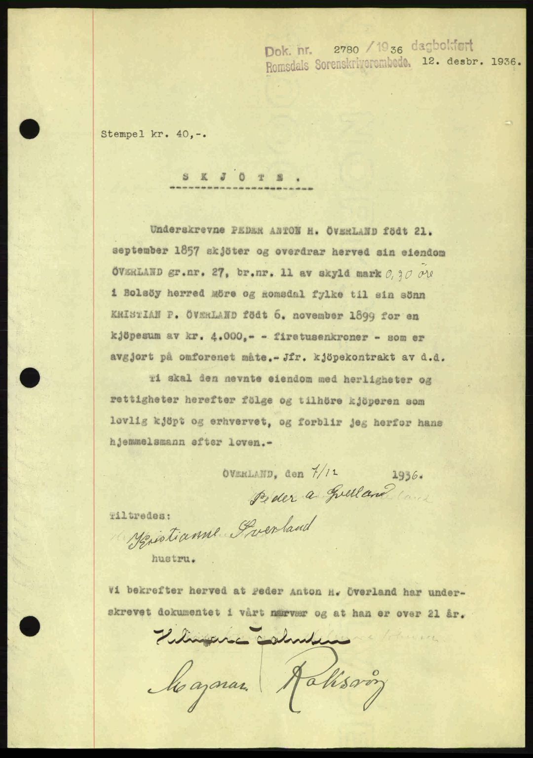 Romsdal sorenskriveri, SAT/A-4149/1/2/2C: Mortgage book no. A2, 1936-1937, Diary no: : 2780/1936