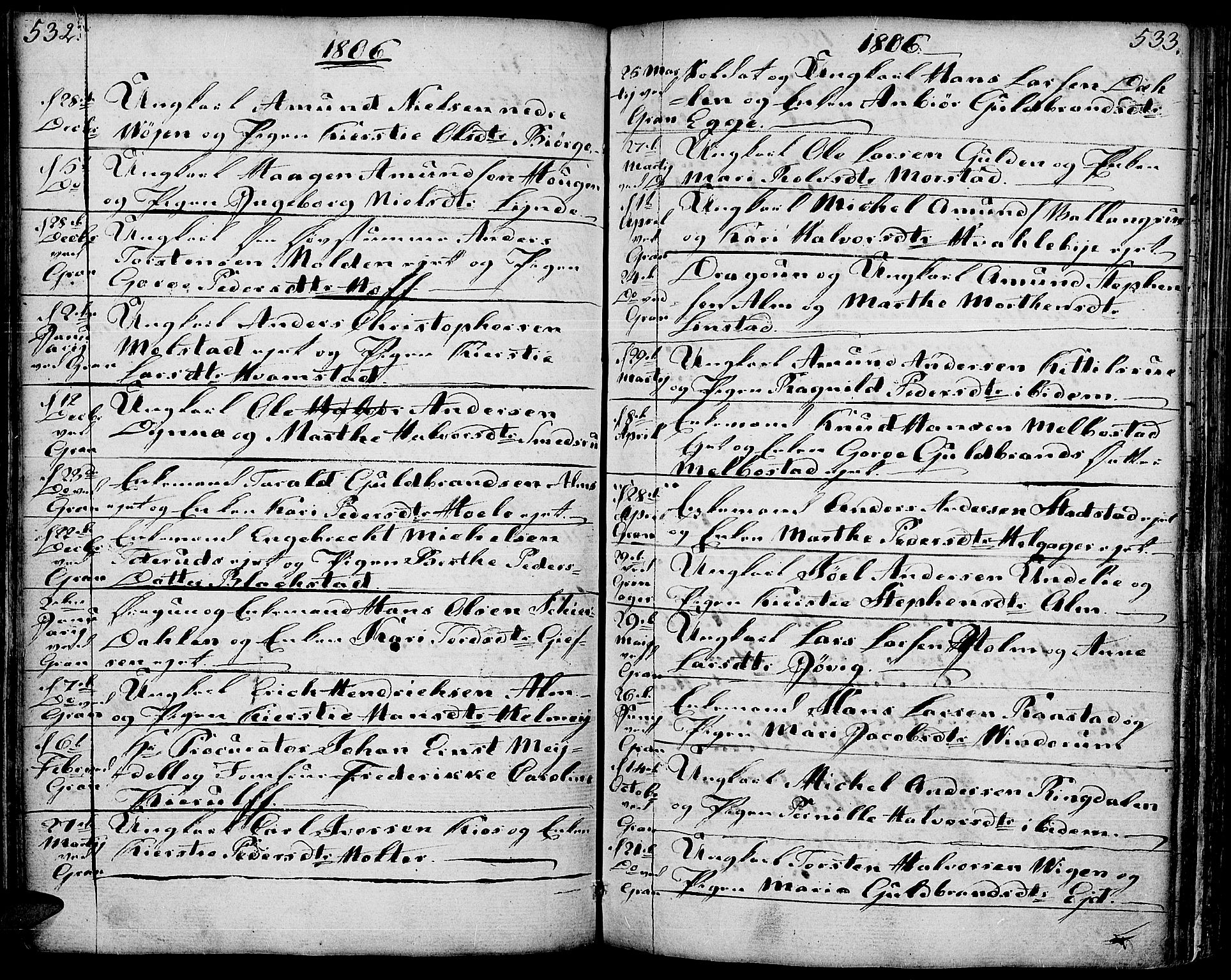 Gran prestekontor, AV/SAH-PREST-112/H/Ha/Haa/L0006: Parish register (official) no. 6, 1787-1824, p. 532-533