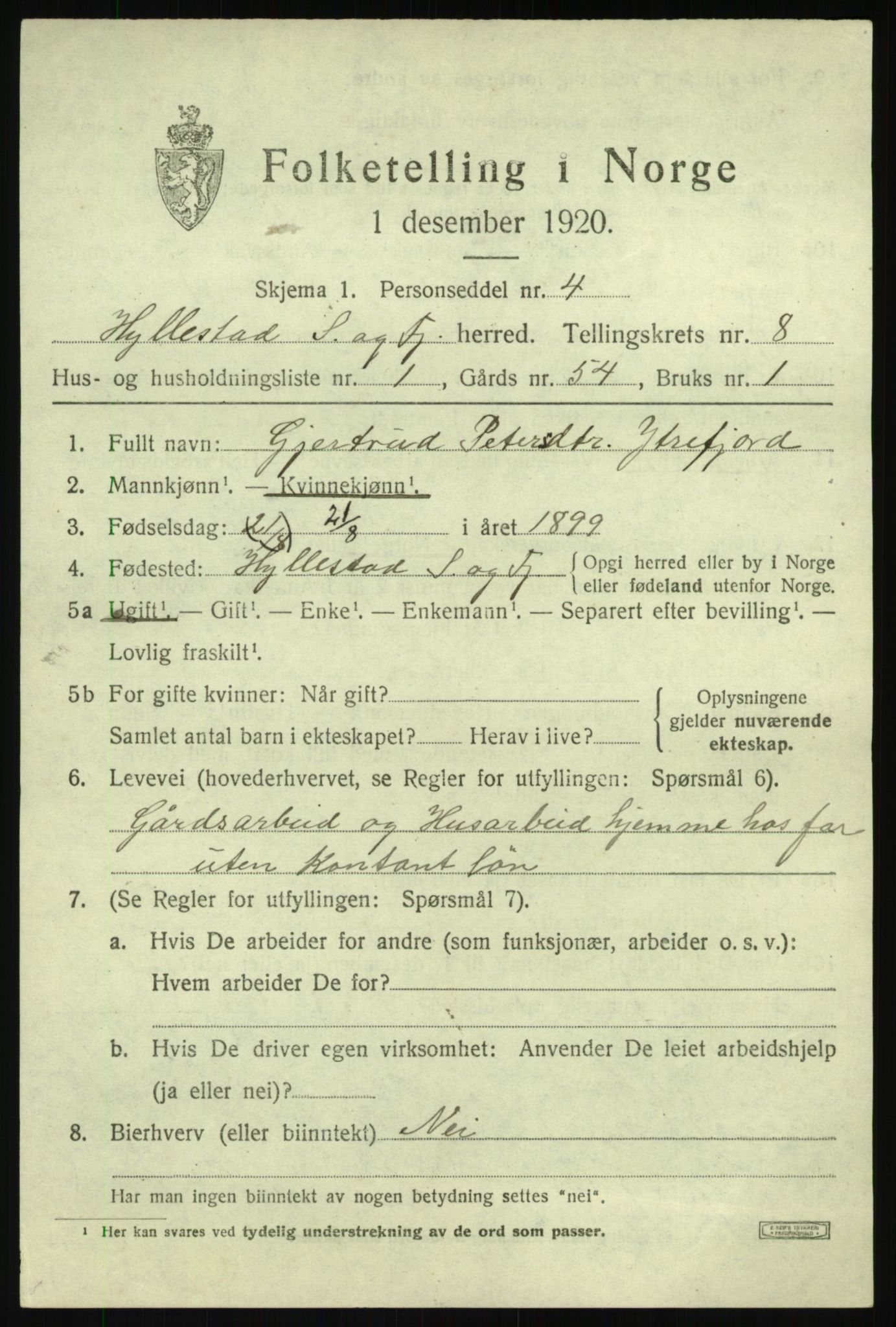 SAB, 1920 census for Hyllestad, 1920, p. 3234