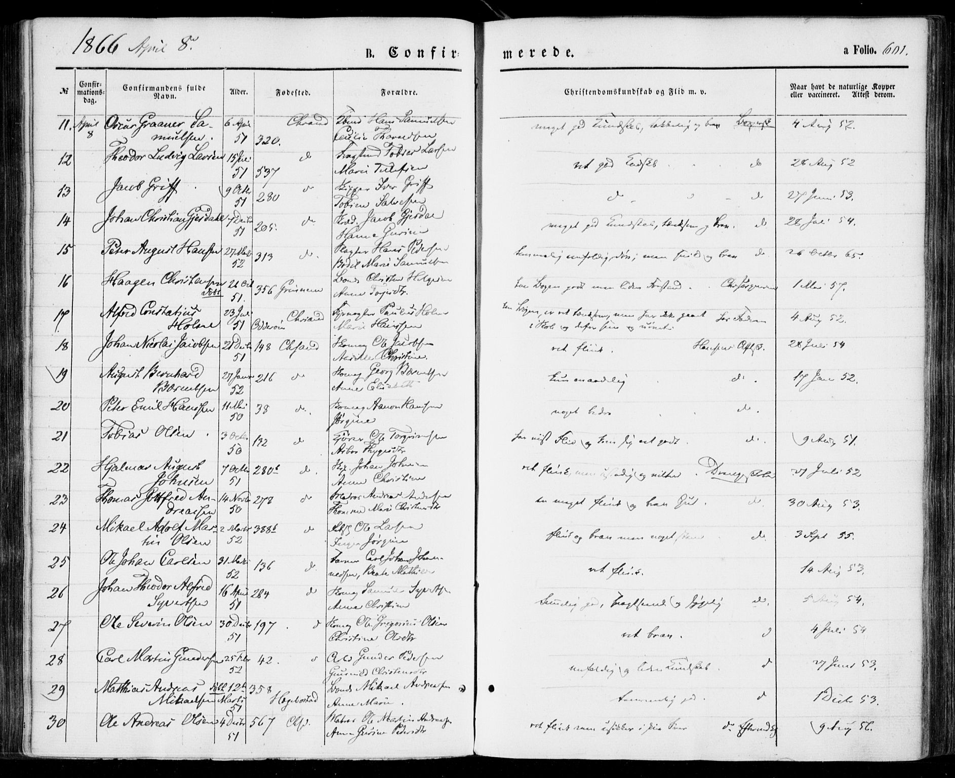 Kristiansand domprosti, SAK/1112-0006/F/Fa/L0014: Parish register (official) no. A 14, 1852-1867, p. 601