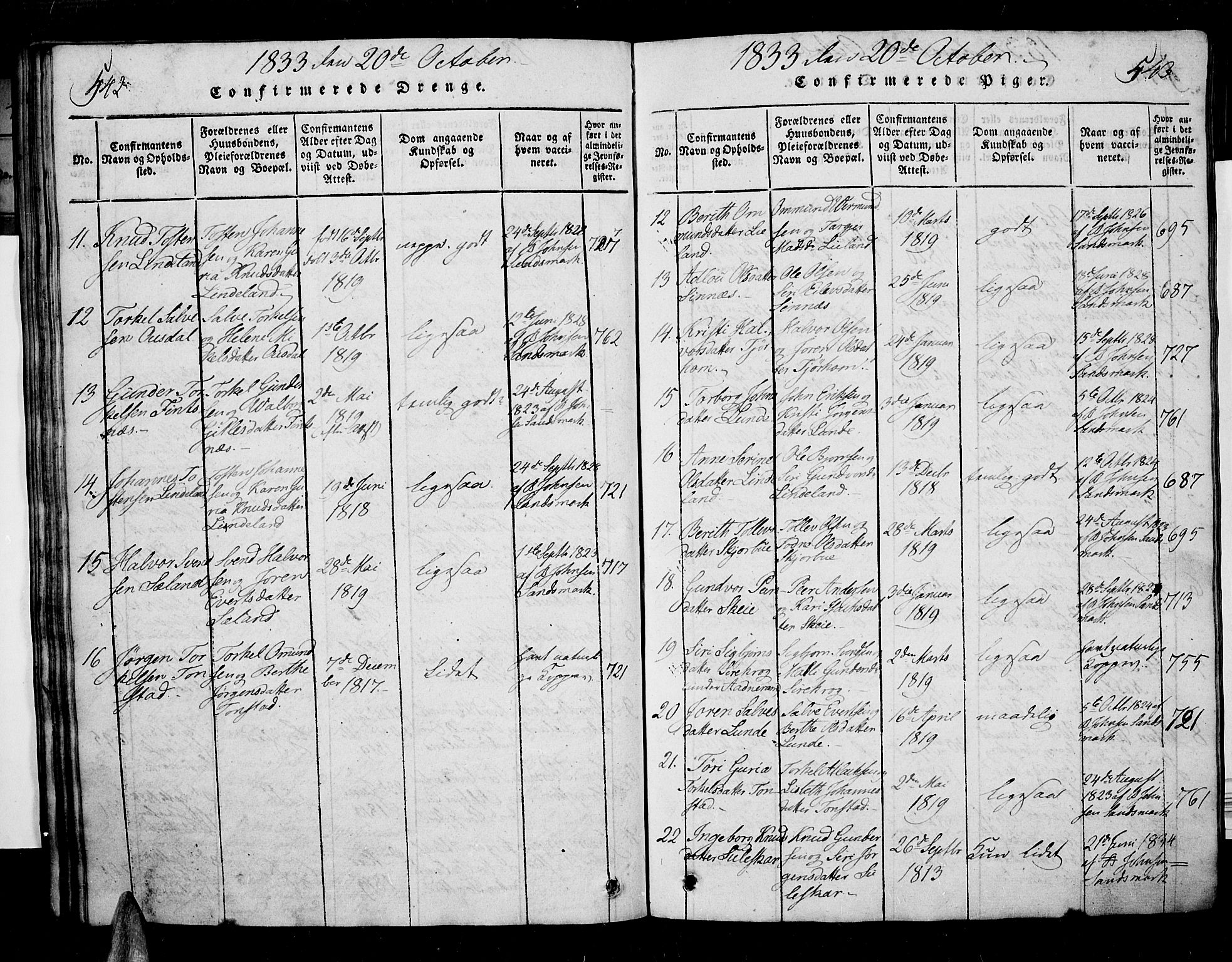 Sirdal sokneprestkontor, AV/SAK-1111-0036/F/Fa/Fab/L0001: Parish register (official) no. A 1, 1815-1834, p. 542-543