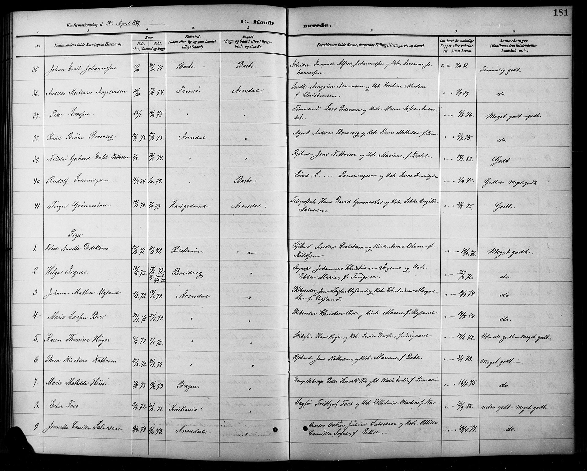 Arendal sokneprestkontor, Trefoldighet, AV/SAK-1111-0040/F/Fb/L0006: Parish register (copy) no. B 6, 1889-1916, p. 181