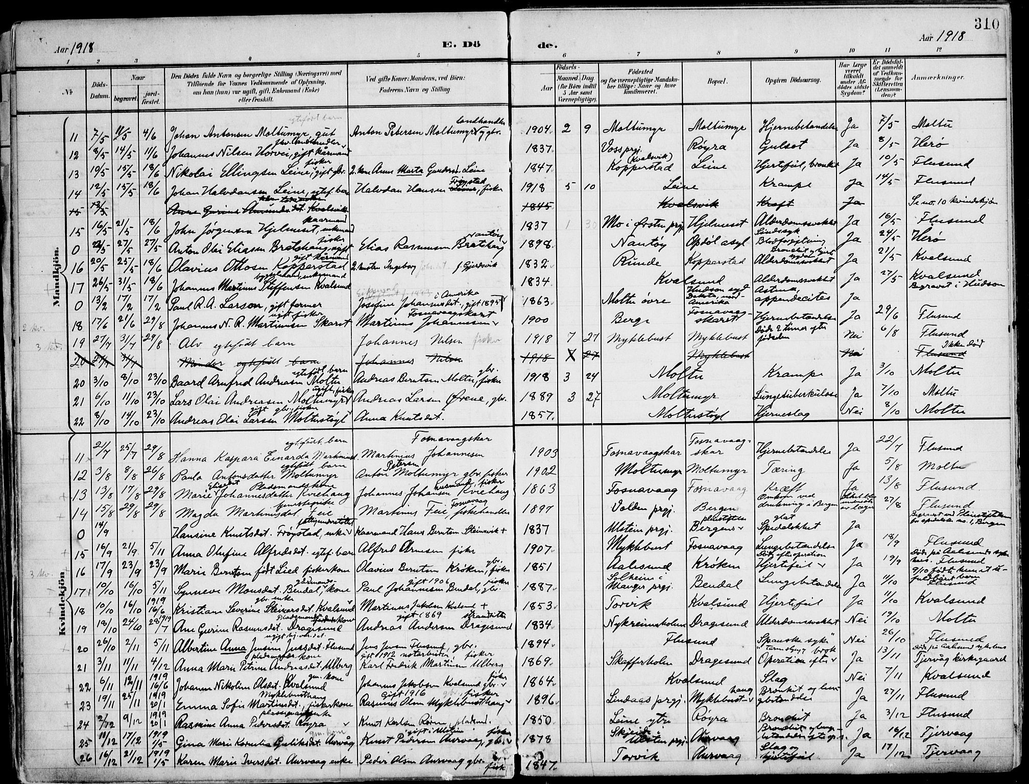 Ministerialprotokoller, klokkerbøker og fødselsregistre - Møre og Romsdal, SAT/A-1454/507/L0075: Parish register (official) no. 507A10, 1901-1920, p. 310