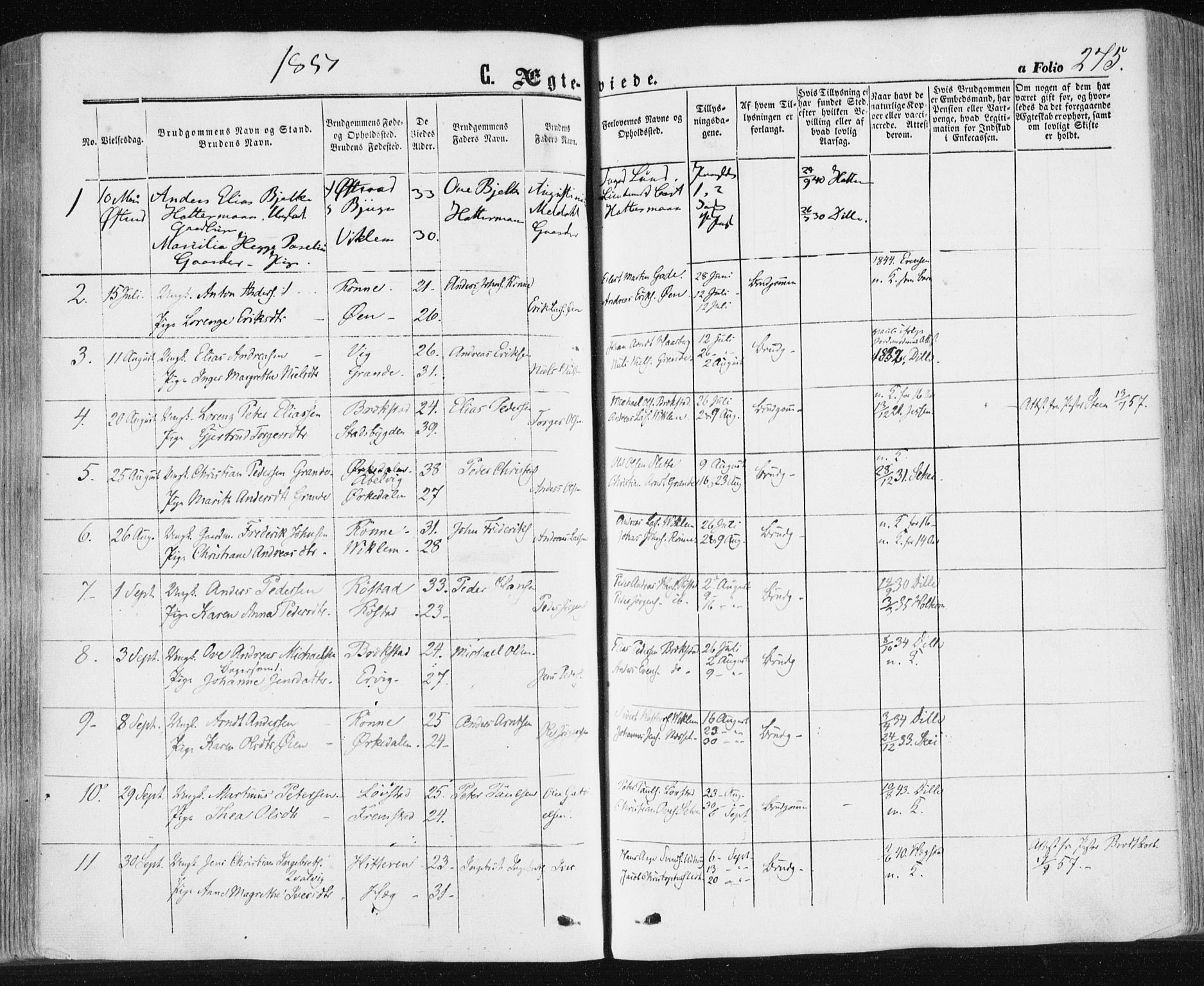 Ministerialprotokoller, klokkerbøker og fødselsregistre - Sør-Trøndelag, SAT/A-1456/659/L0737: Parish register (official) no. 659A07, 1857-1875, p. 275
