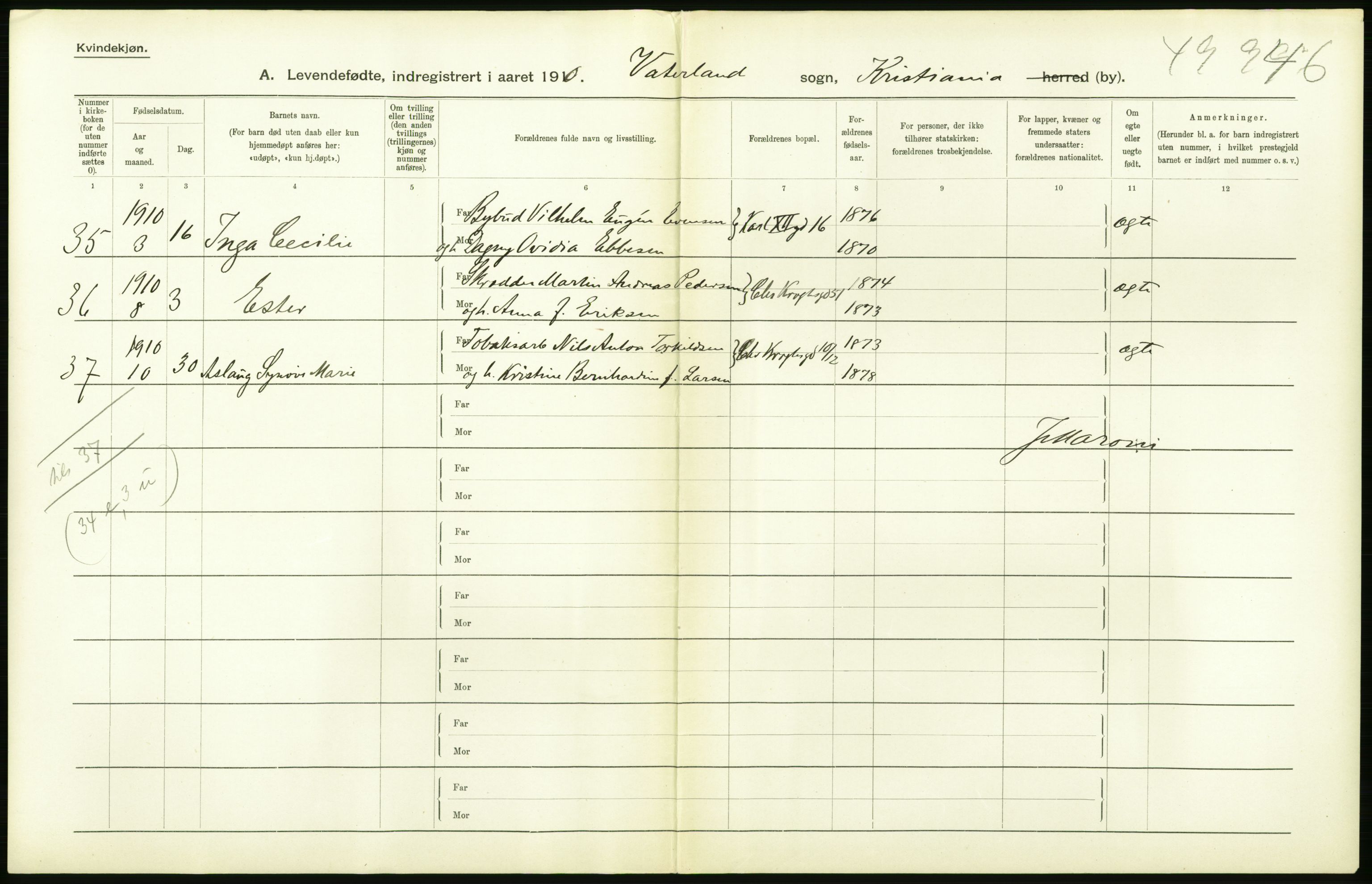 Statistisk sentralbyrå, Sosiodemografiske emner, Befolkning, RA/S-2228/D/Df/Dfa/Dfah/L0007: Kristiania: Levendefødte kvinner., 1910, p. 142