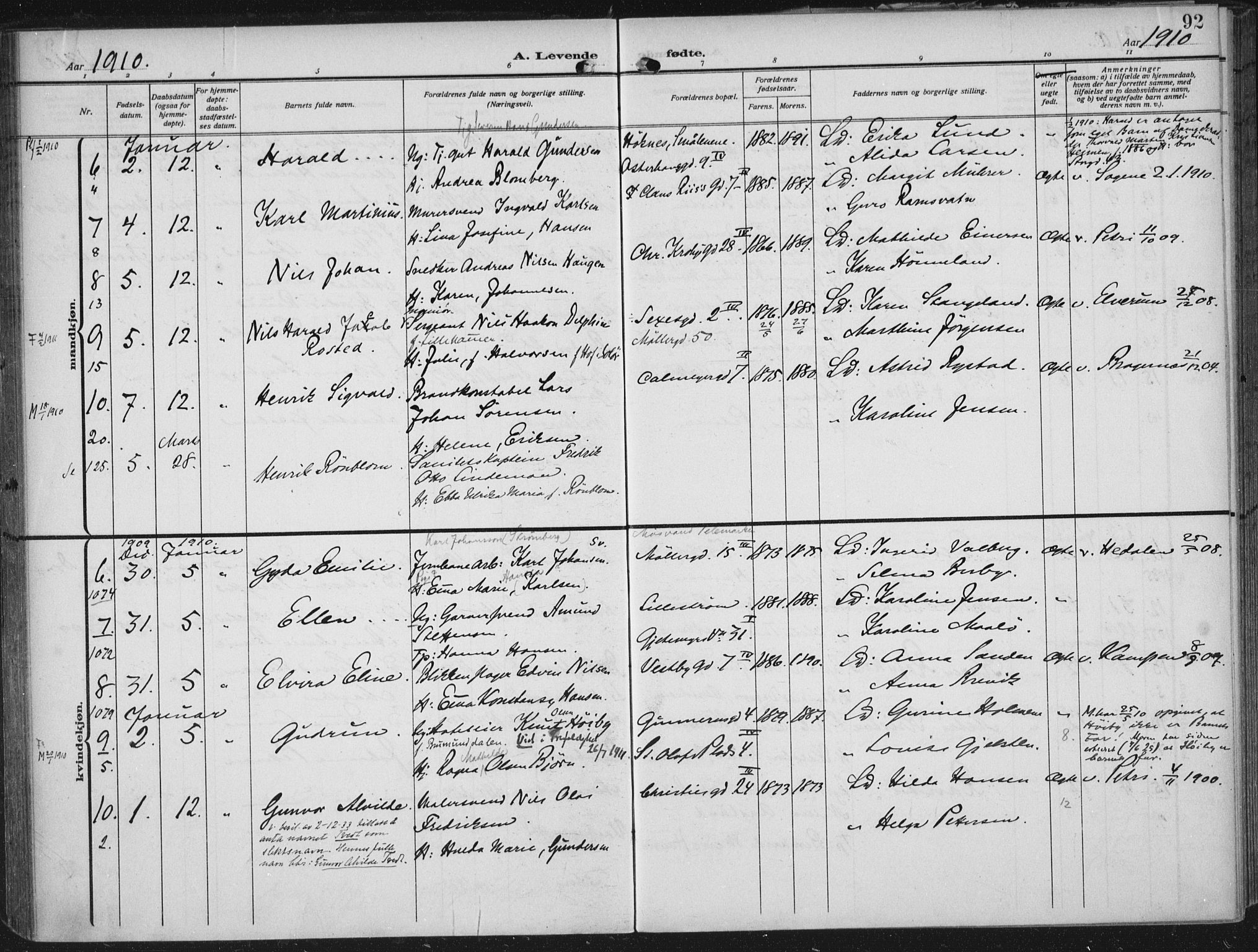 Rikshospitalet prestekontor Kirkebøker, AV/SAO-A-10309b/F/L0014: Parish register (official) no. 14, 1909-1912, p. 92