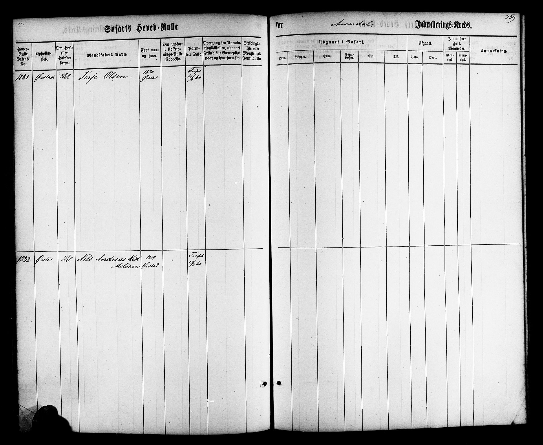 Arendal mønstringskrets, AV/SAK-2031-0012/F/Fb/L0009: Hovedrulle nr 767-1532, S-7, 1857-1864, p. 261