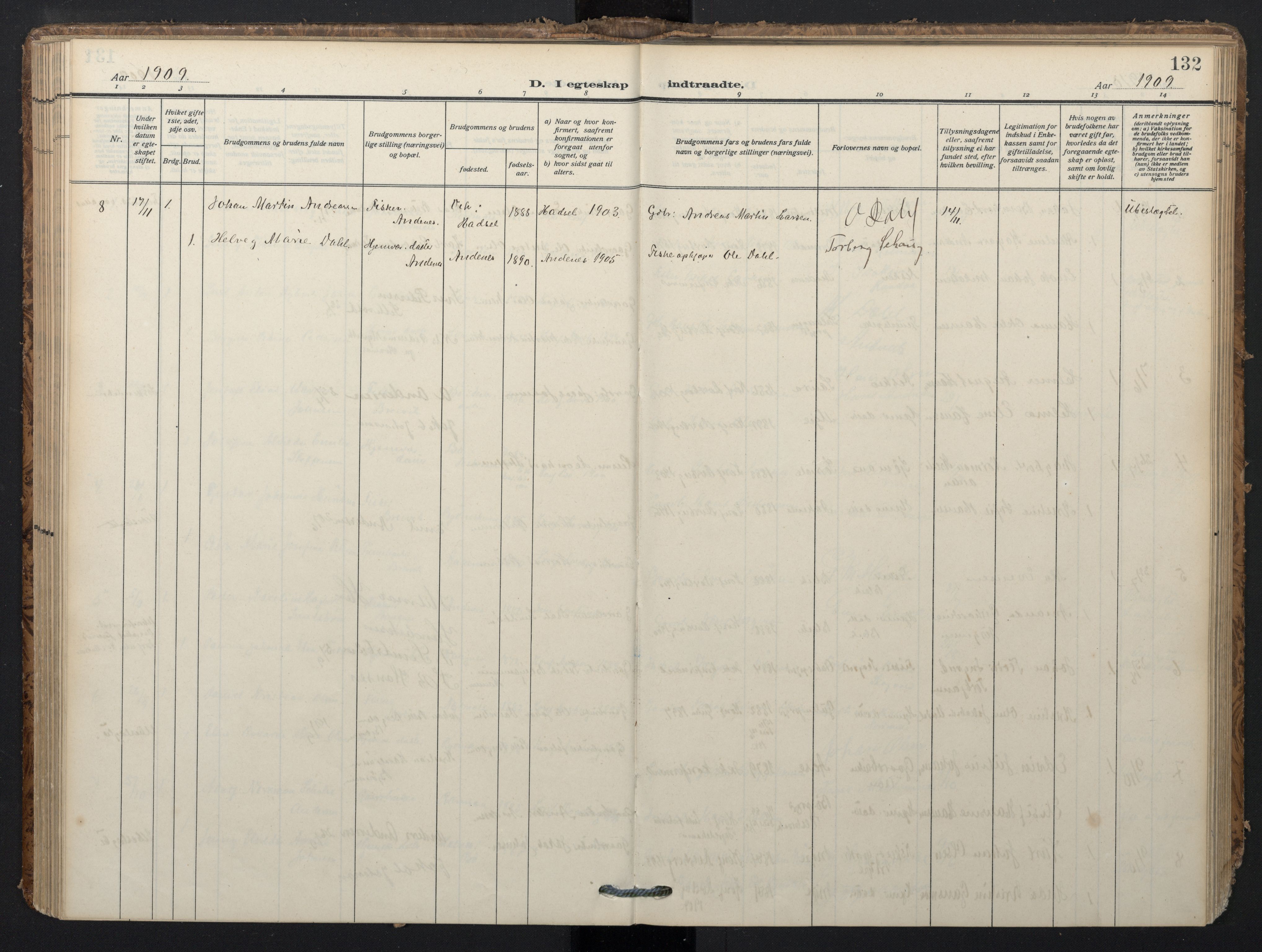 Ministerialprotokoller, klokkerbøker og fødselsregistre - Nordland, SAT/A-1459/897/L1401: Parish register (official) no. 897A08, 1909-1921, p. 132
