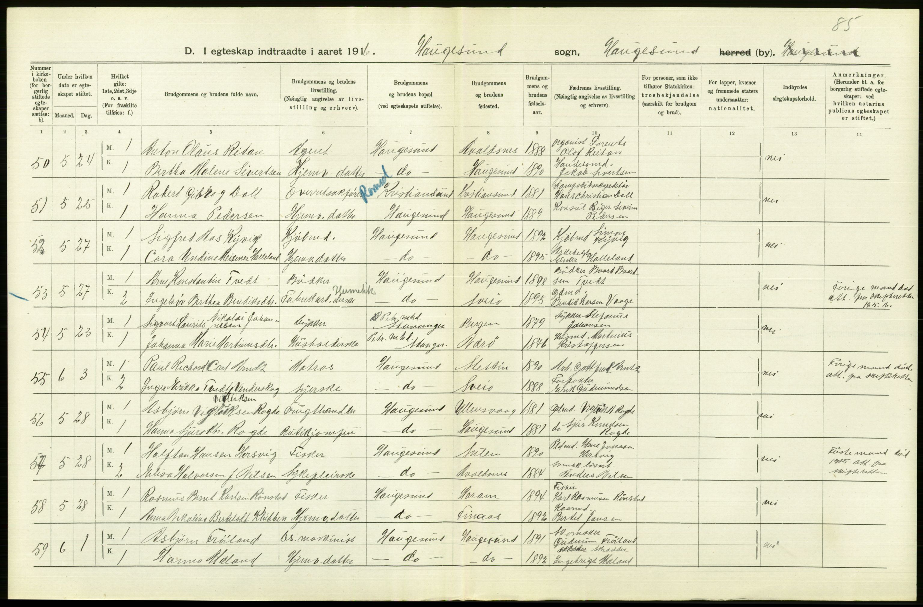 Statistisk sentralbyrå, Sosiodemografiske emner, Befolkning, AV/RA-S-2228/D/Df/Dfb/Dfbf/L0031: Stavanger amt: Gifte. Bygder og byer., 1916, p. 300