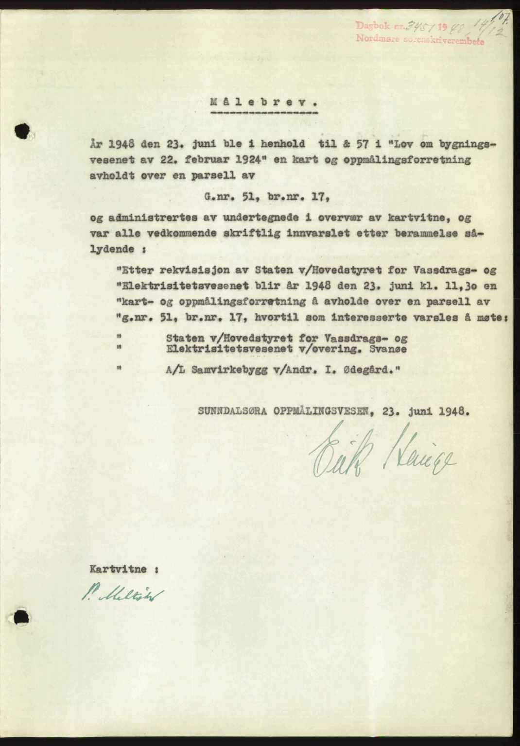 Nordmøre sorenskriveri, AV/SAT-A-4132/1/2/2Ca: Mortgage book no. A110, 1948-1949, Diary no: : 3451/1948