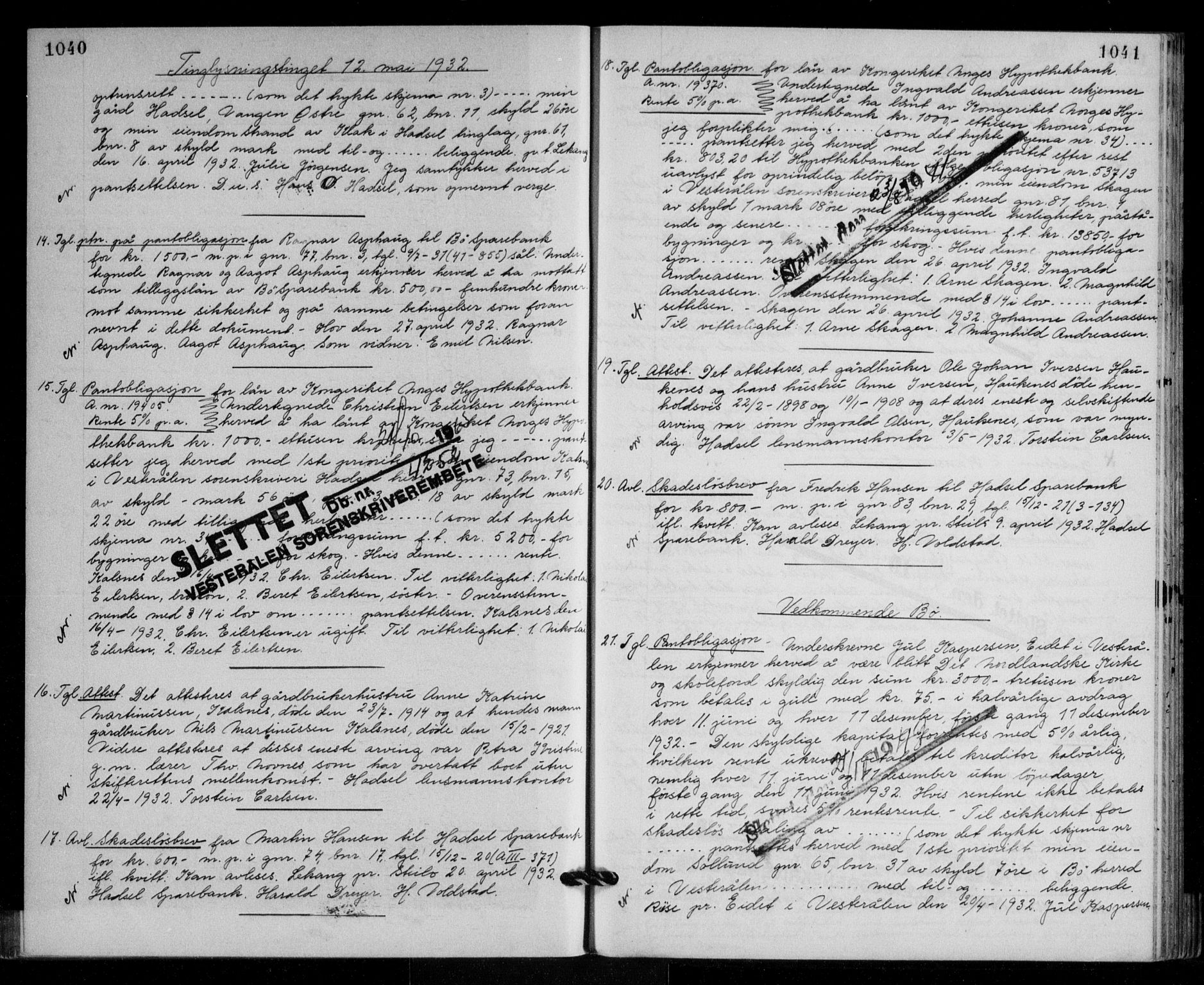 Vesterålen sorenskriveri, SAT/A-4180/1/2/2Ca/L0048: Mortgage book no. 41, 1928-1932, Deed date: 12.05.1932