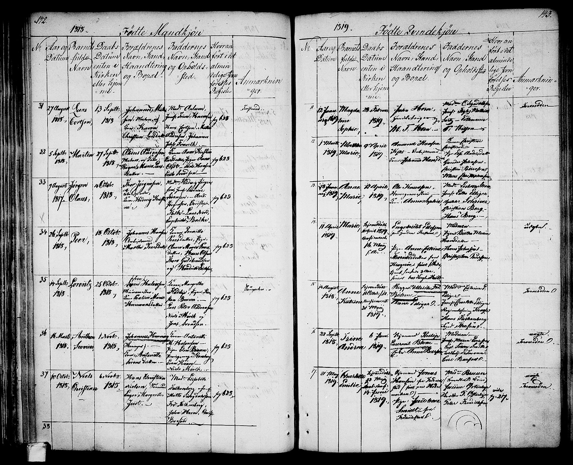 Larvik kirkebøker, AV/SAKO-A-352/G/Ga/L0002: Parish register (copy) no. I 2, 1807-1830, p. 142-143