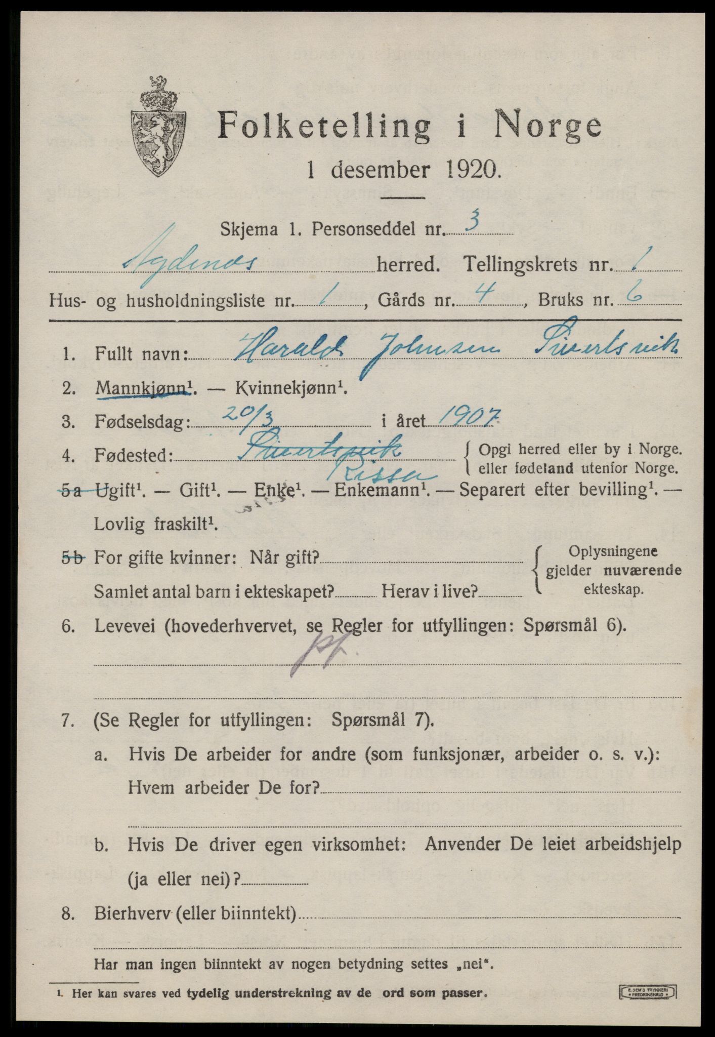 SAT, 1920 census for Agdenes, 1920, p. 505