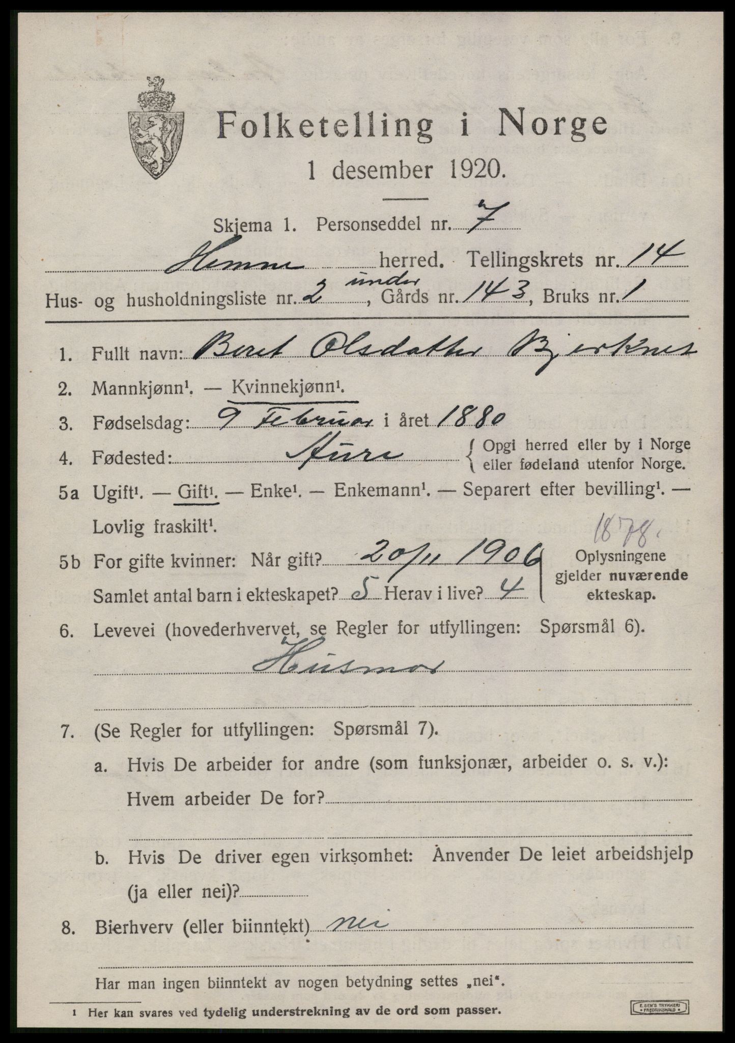 SAT, 1920 census for Hemne, 1920, p. 7944