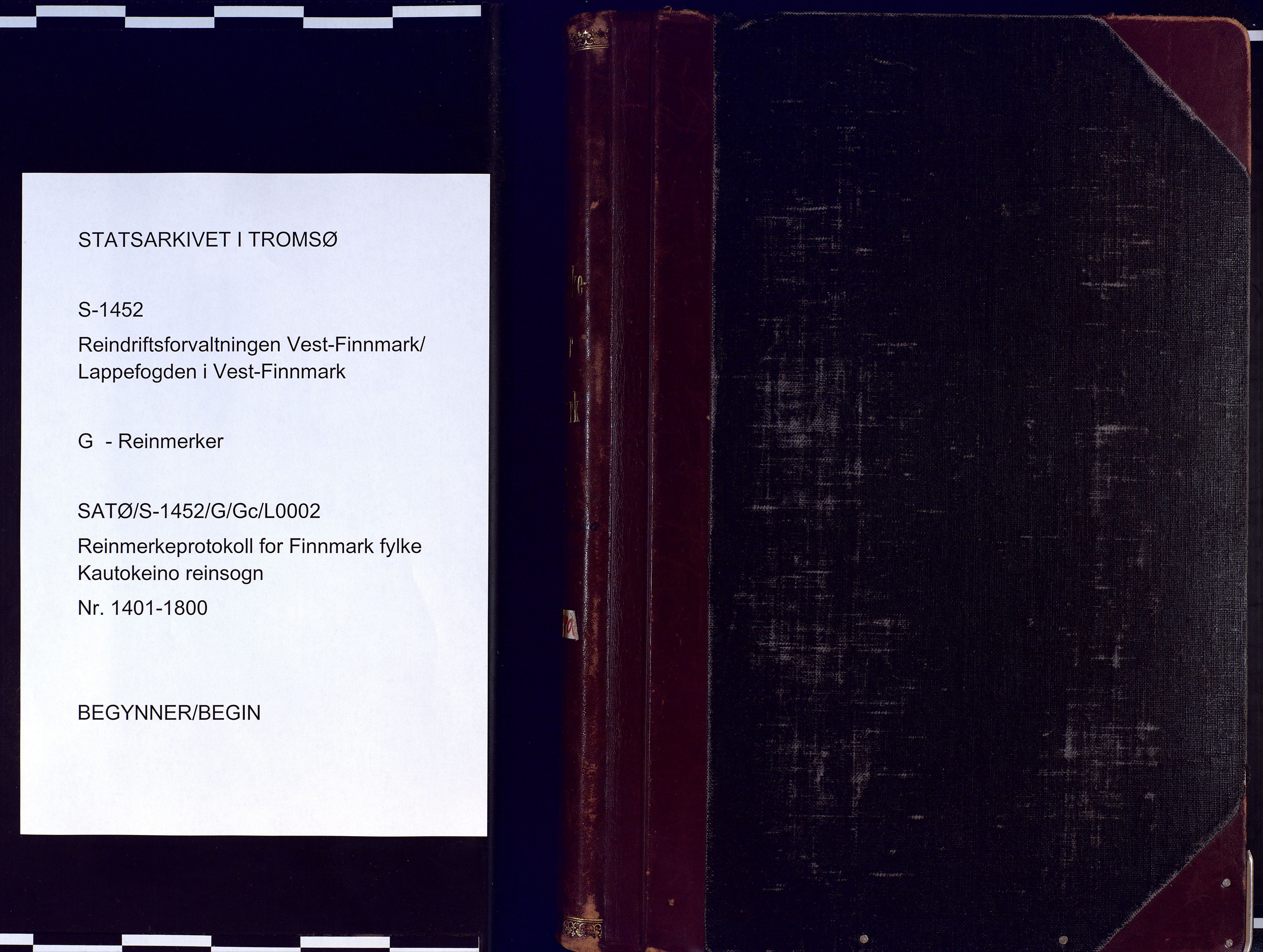 Reindriftsforvaltningen Vest-Finnmark, AV/SATØ-S-1452/G/Ga/L0002: Reinmerkeprotokoll for Finnmark fylke - Kautokeino reinsogn nr. 1401-1800, 1938-2009