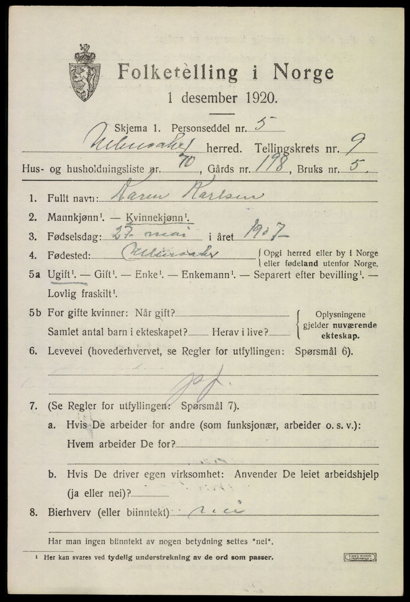 SAO, 1920 census for Ullensaker, 1920, p. 16081