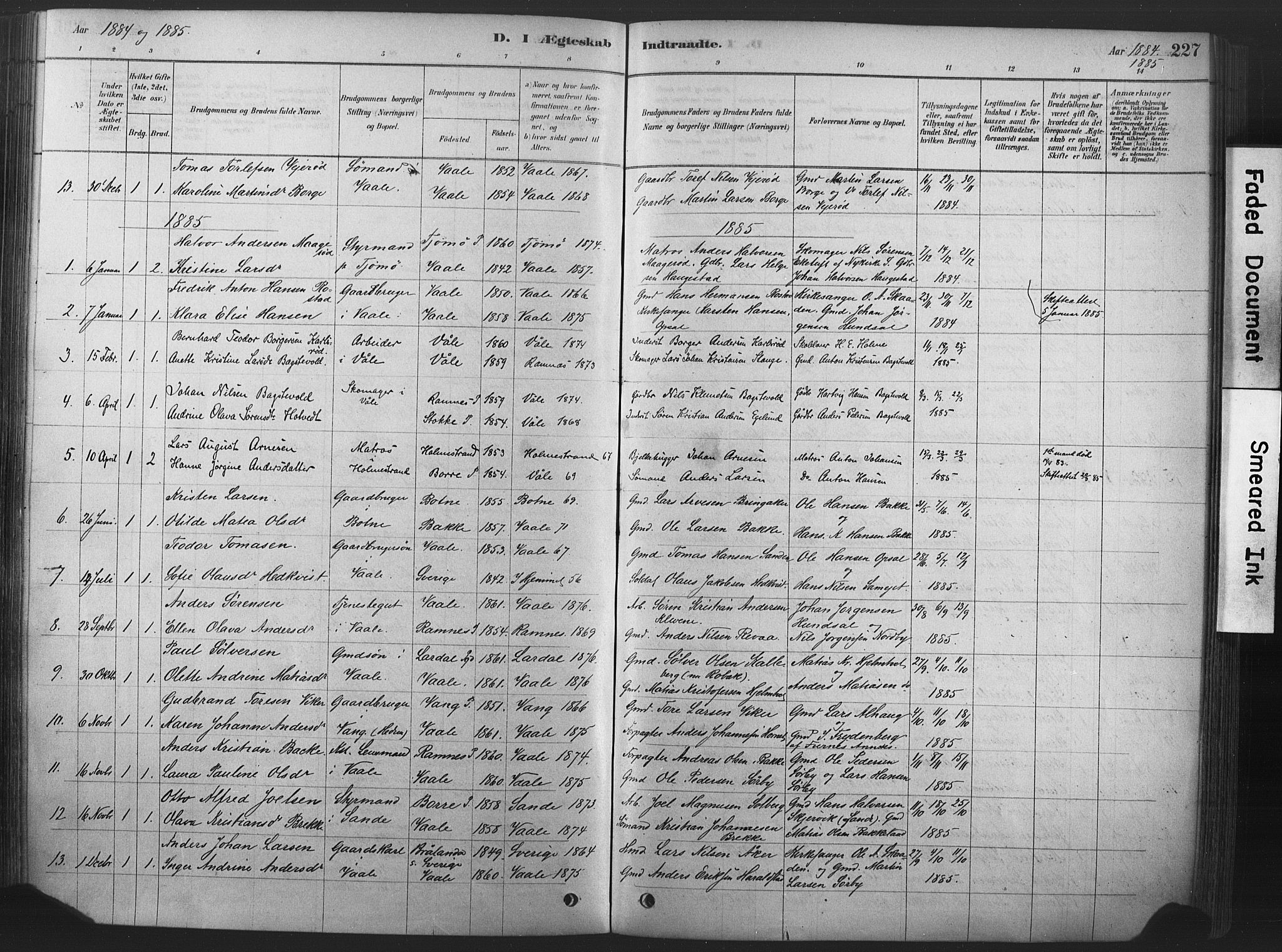 Våle kirkebøker, AV/SAKO-A-334/F/Fa/L0011: Parish register (official) no. I 11, 1878-1906, p. 227