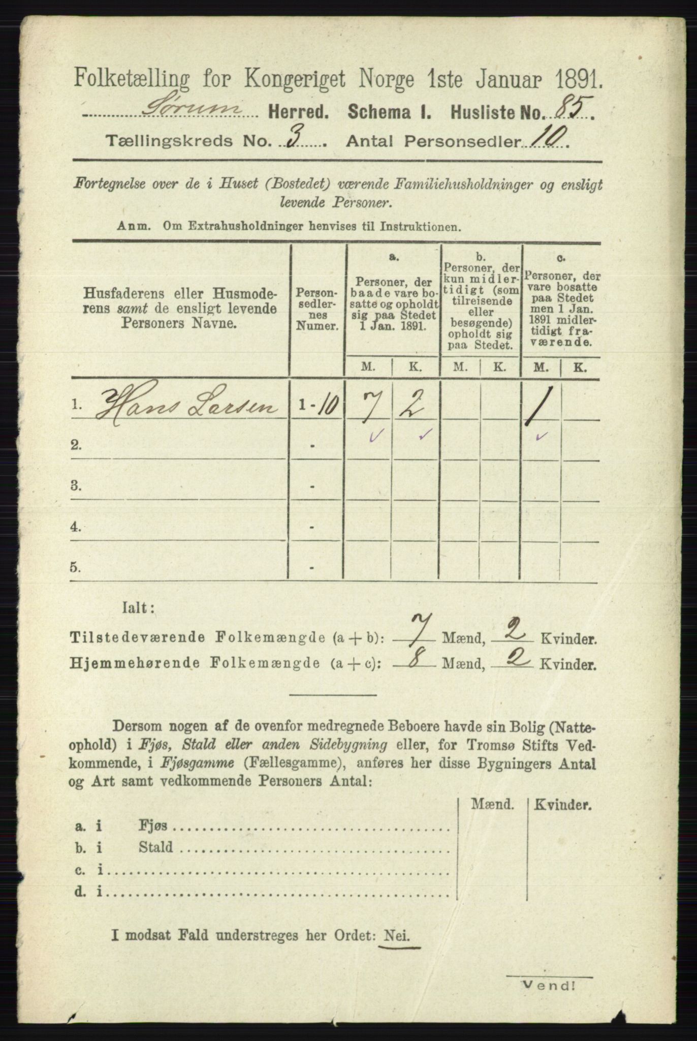 RA, 1891 census for 0226 Sørum, 1891, p. 1278