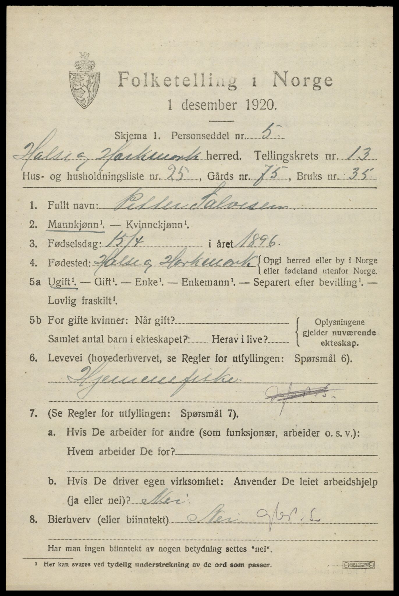 SAK, 1920 census for Halse og Harkmark, 1920, p. 7223