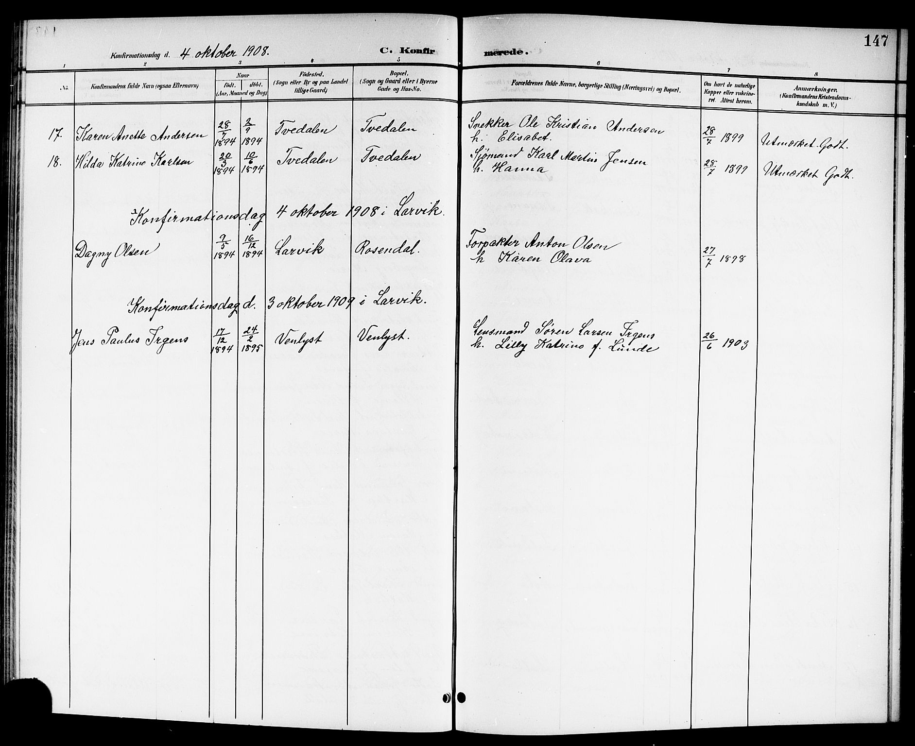 Brunlanes kirkebøker, SAKO/A-342/G/Ga/L0004: Parish register (copy) no. I 4, 1898-1921, p. 147