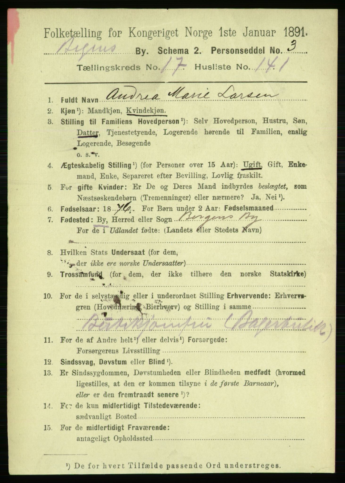 RA, 1891 Census for 1301 Bergen, 1891, p. 26051